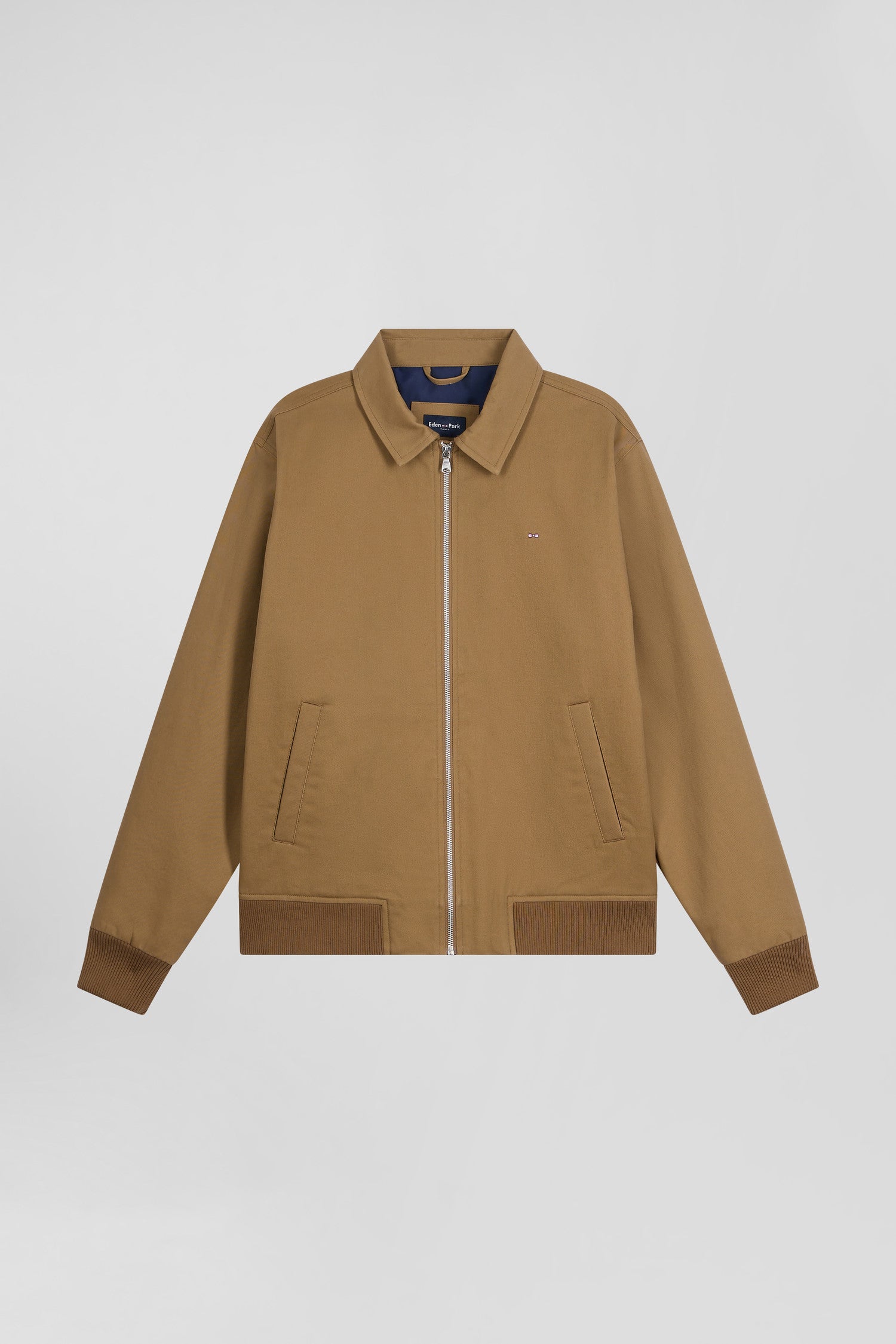 Camel gabardine cotton zip-up jacket with shirt collar