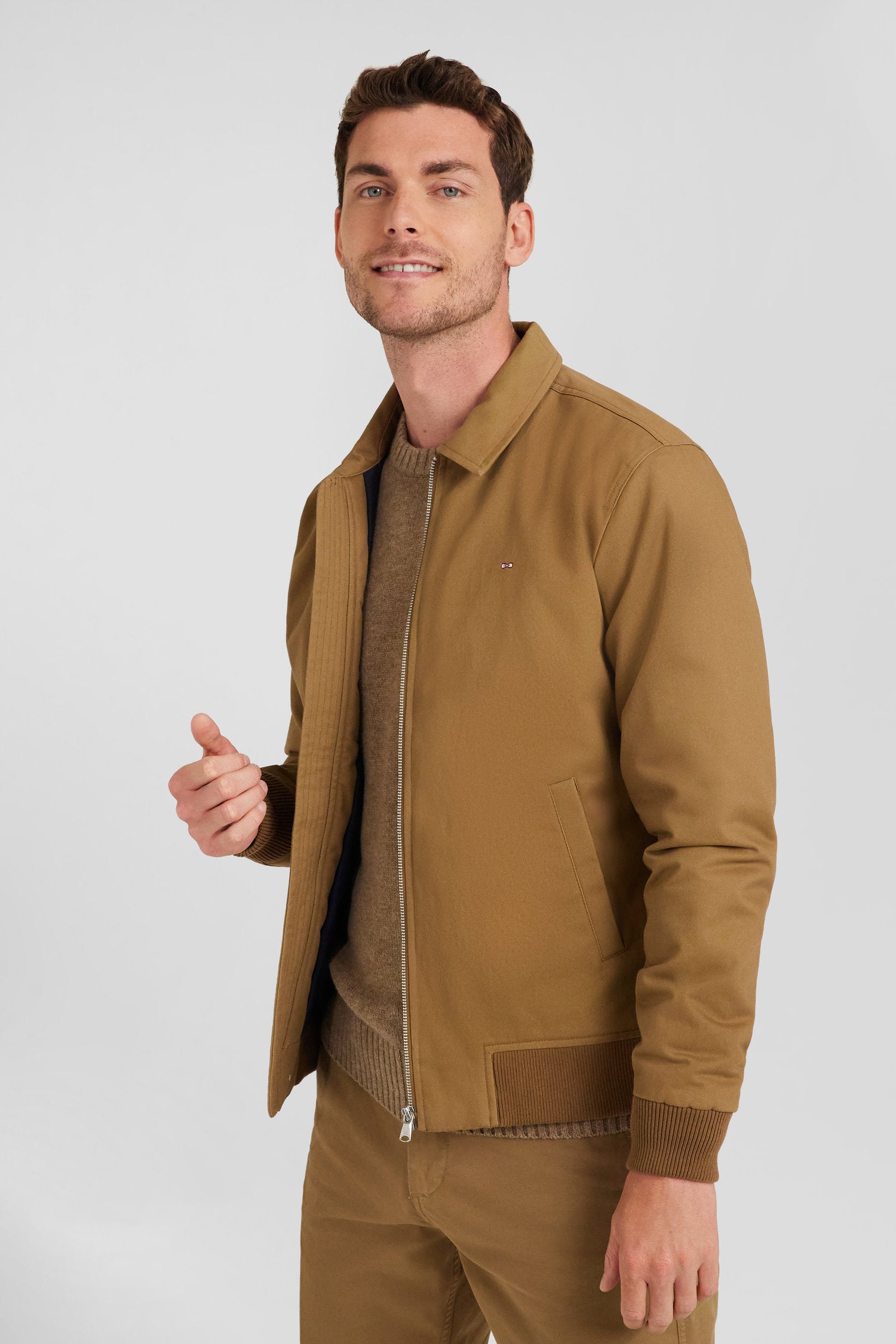 Camel gabardine cotton zip-up jacket with shirt collar