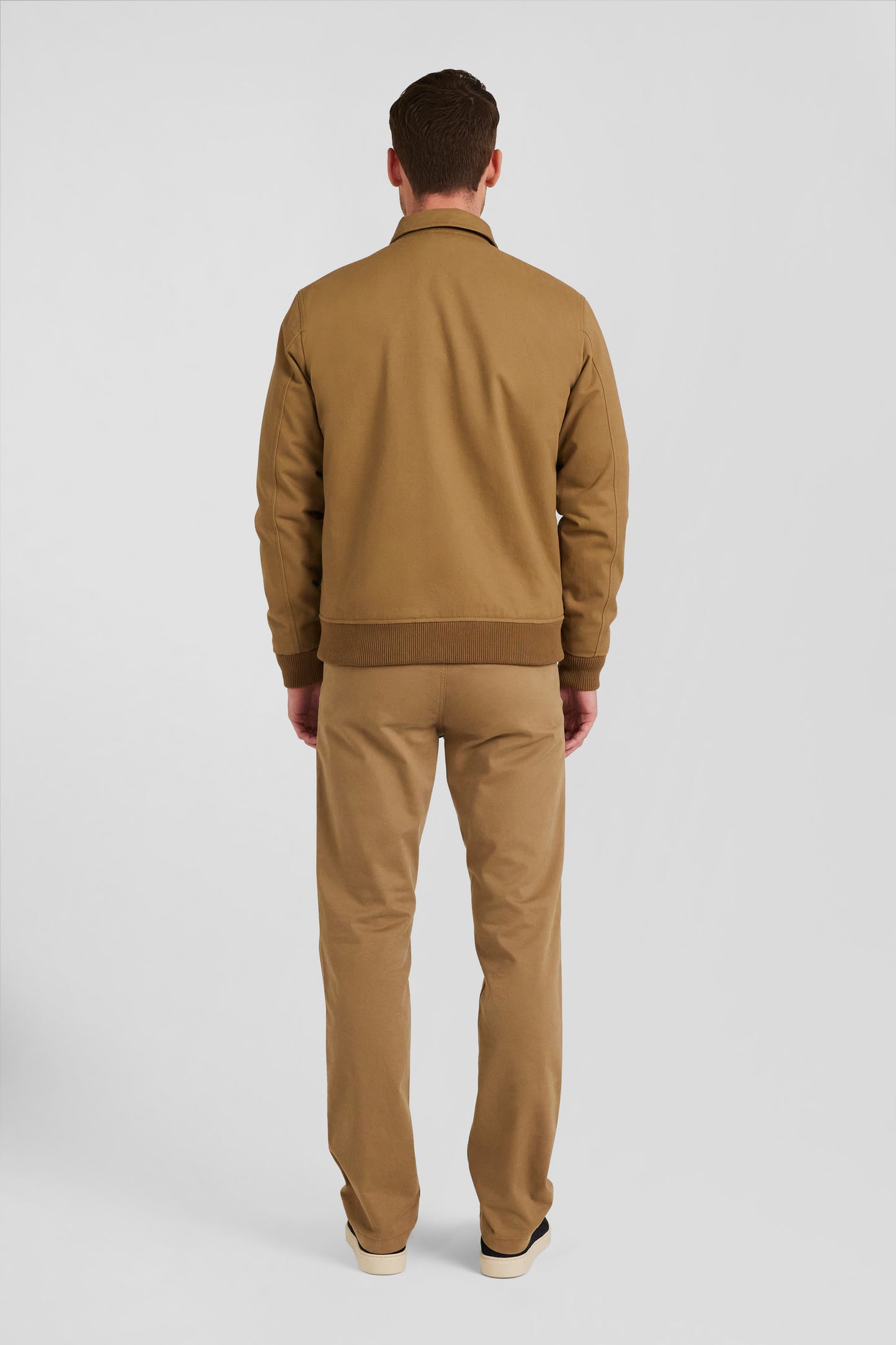 Camel gabardine cotton zip-up jacket with shirt collar