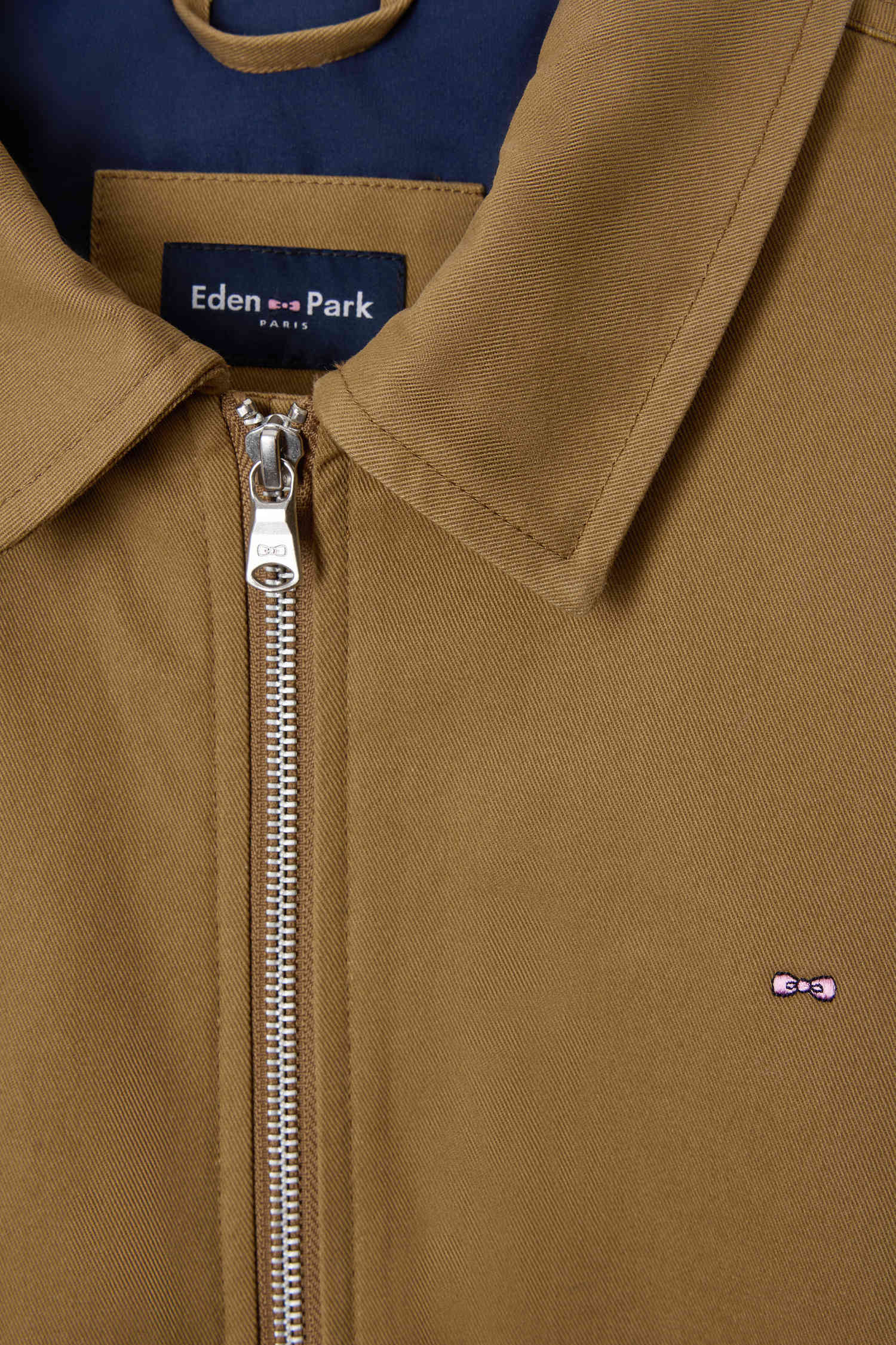 Camel gabardine cotton zip-up jacket with shirt collar