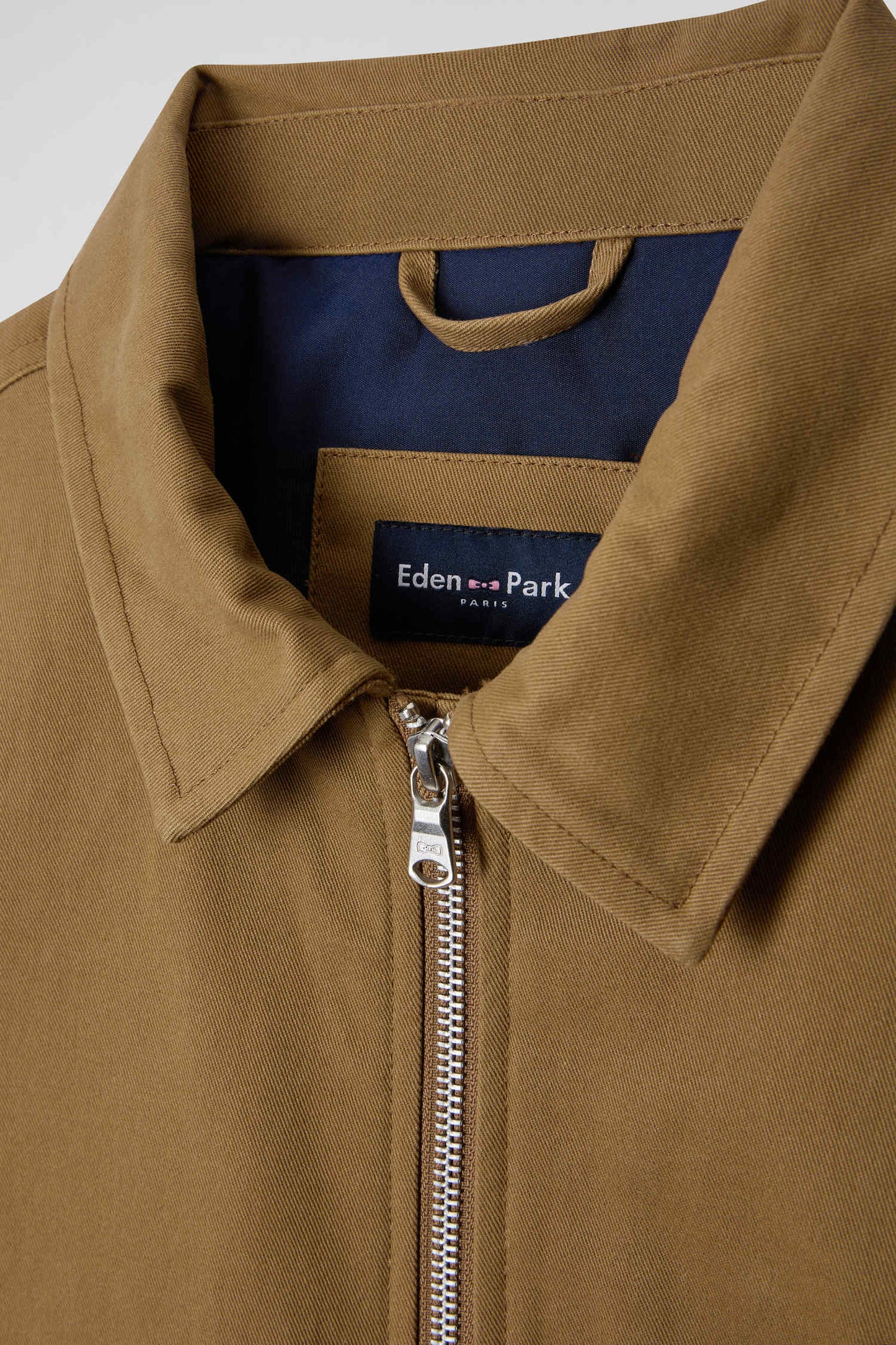 Camel gabardine cotton zip-up jacket with shirt collar