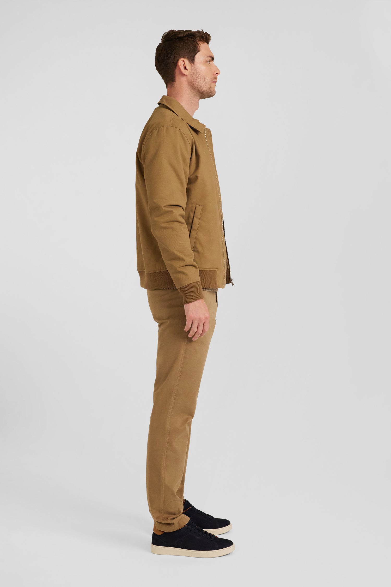 Camel gabardine cotton zip-up jacket with shirt collar