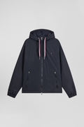 Navy blue hooded windbreaker jacket