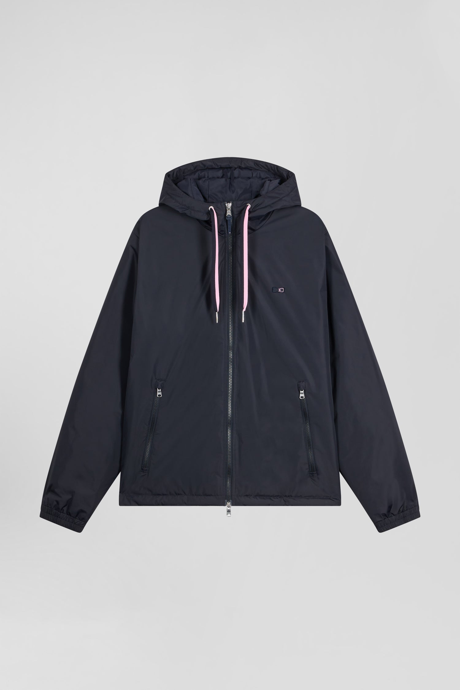 Navy blue hooded windbreaker jacket