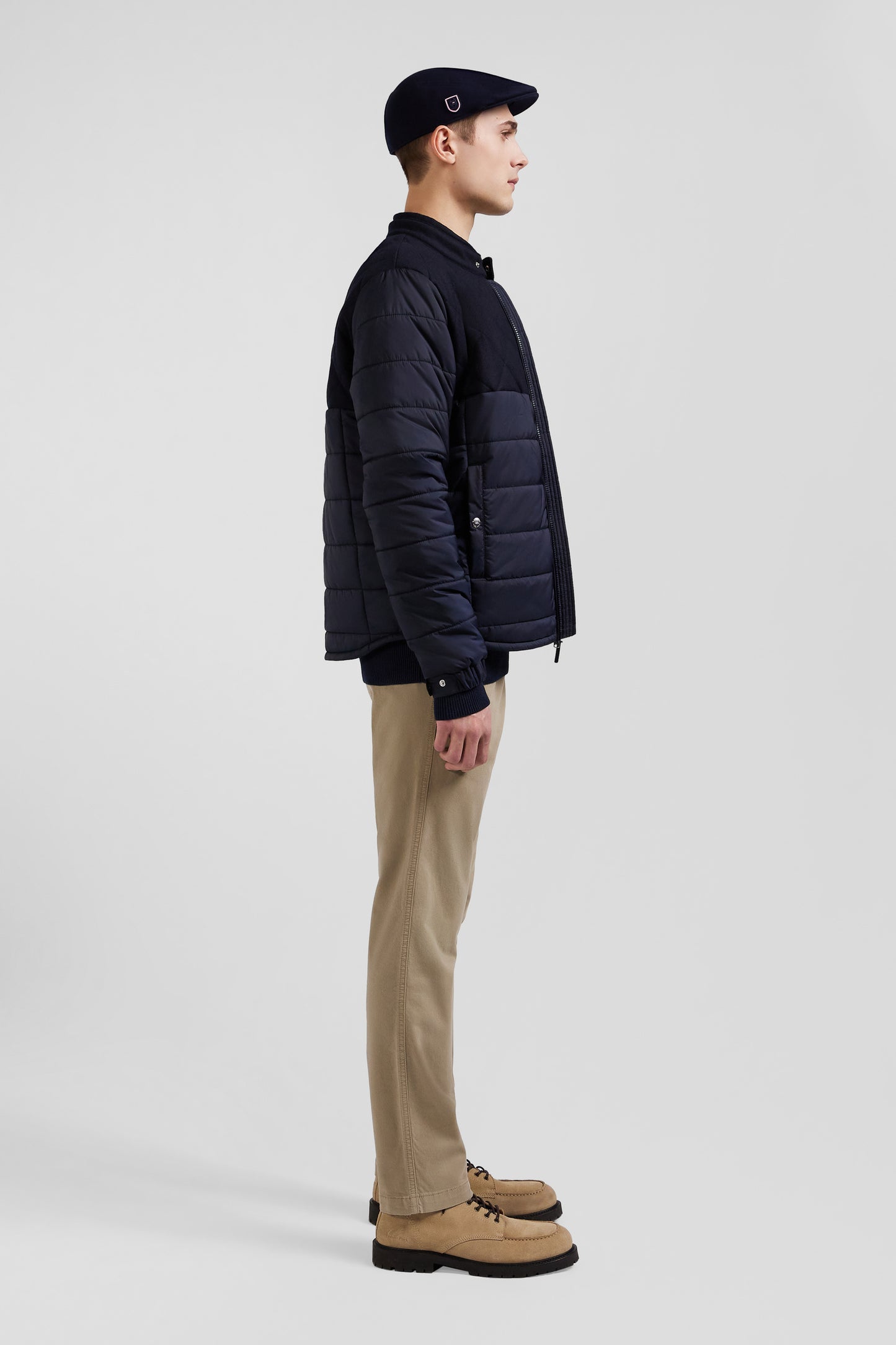Navy blue long-sleeved double quilted high collar down jacket