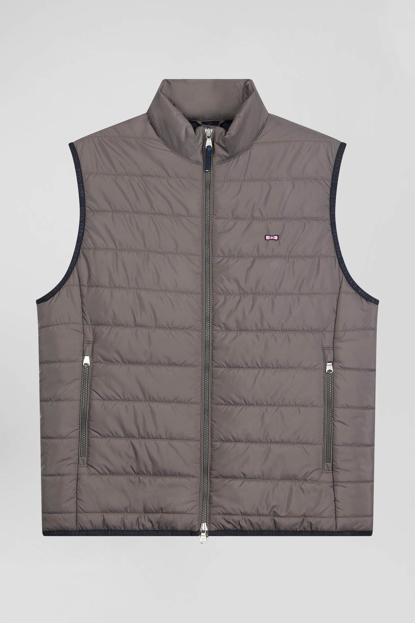 Grey quilted sleeveless high collar down vest