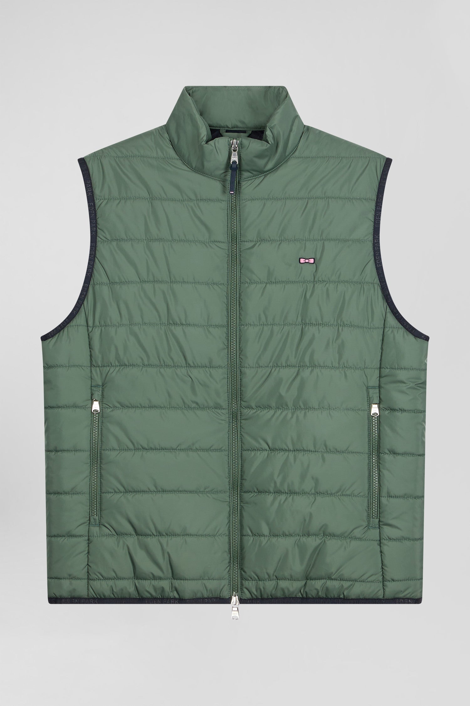 Green quilted sleeveless high collar down vest