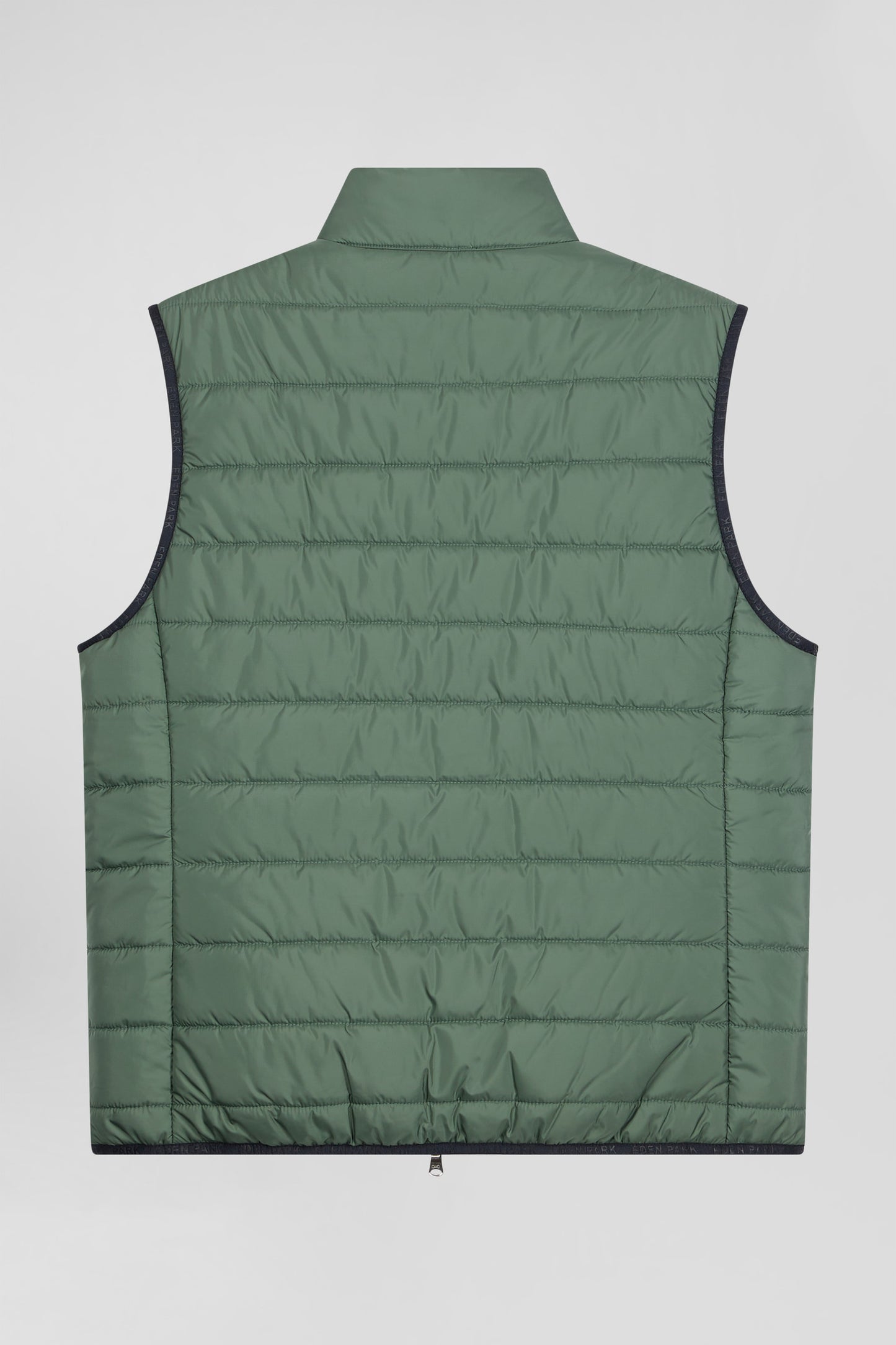 Green quilted sleeveless high collar down vest