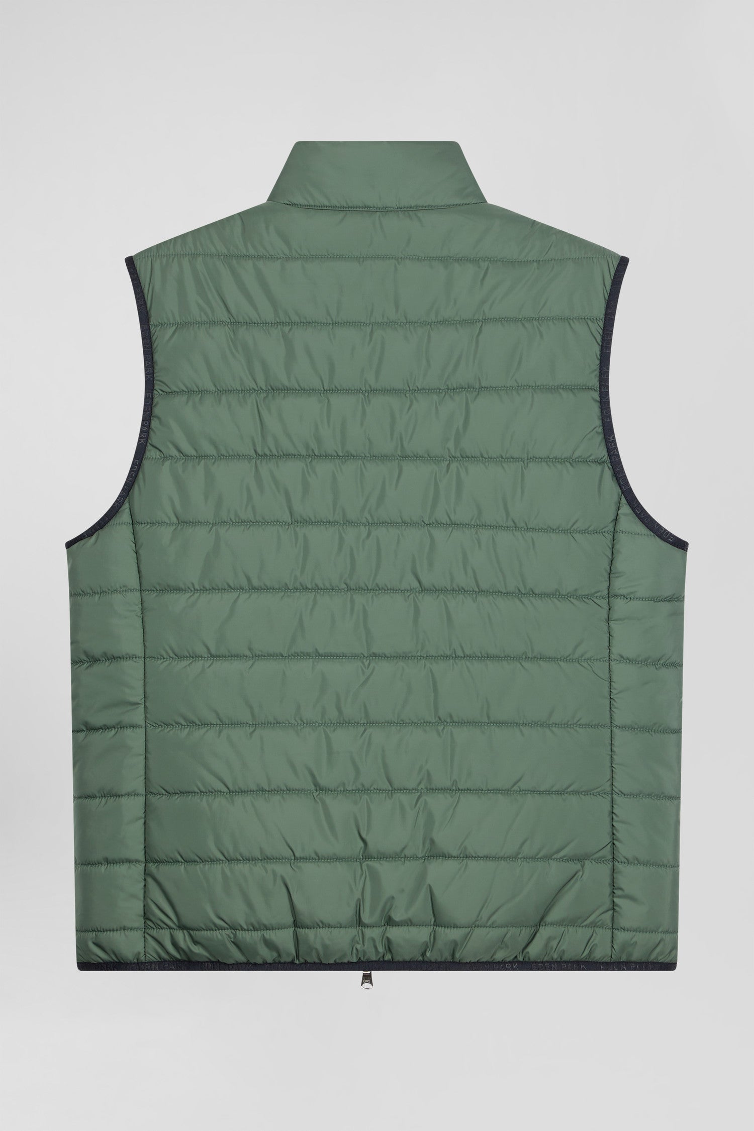 Green quilted sleeveless high collar down vest