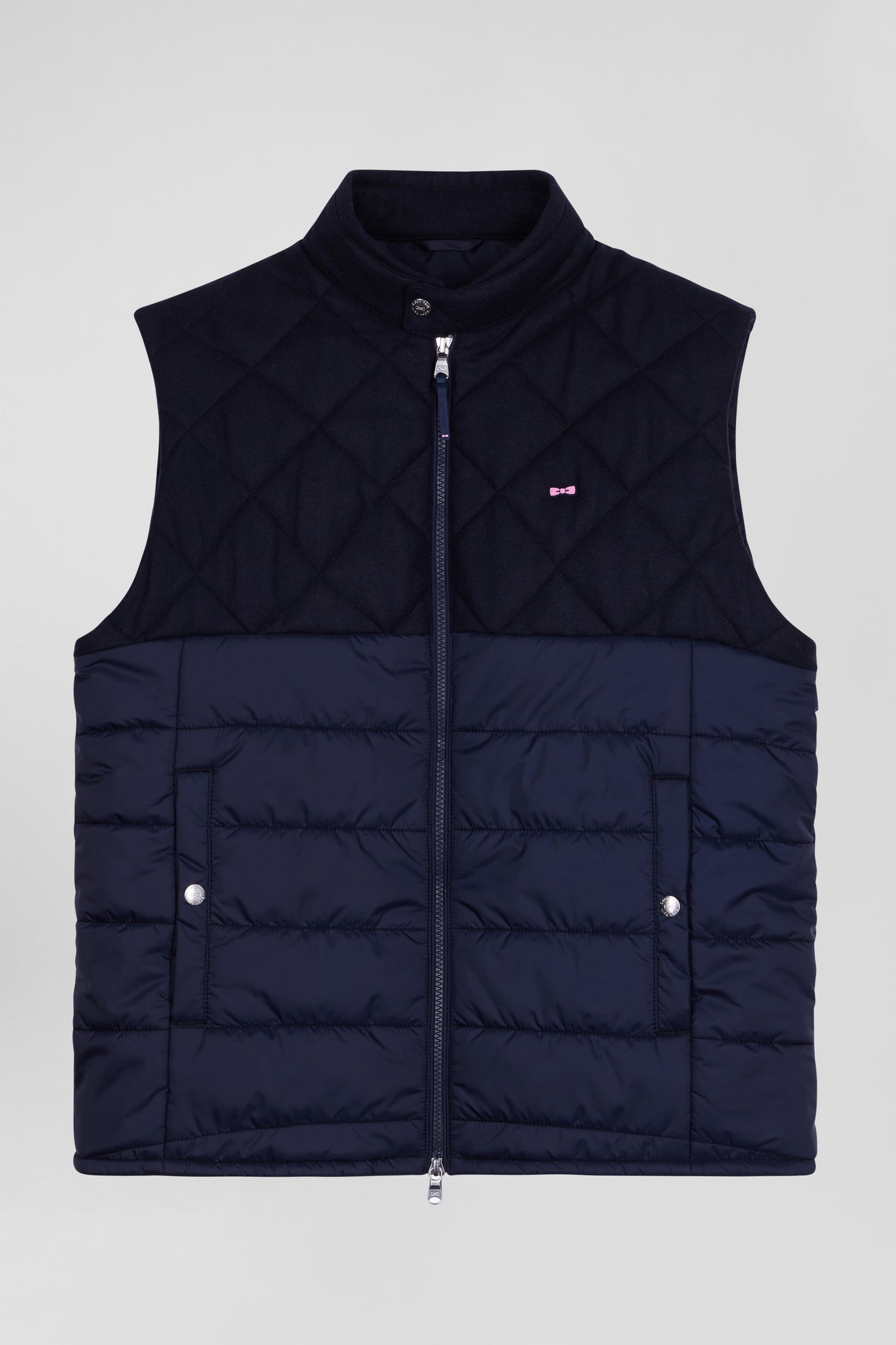 Navy blue sleeveless double quilted high collar down vest