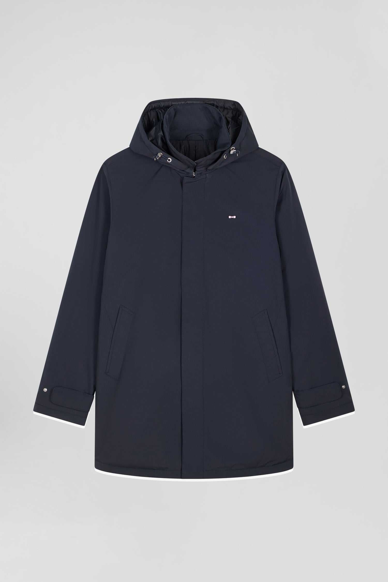 Navy blue hooded nylon raincoat