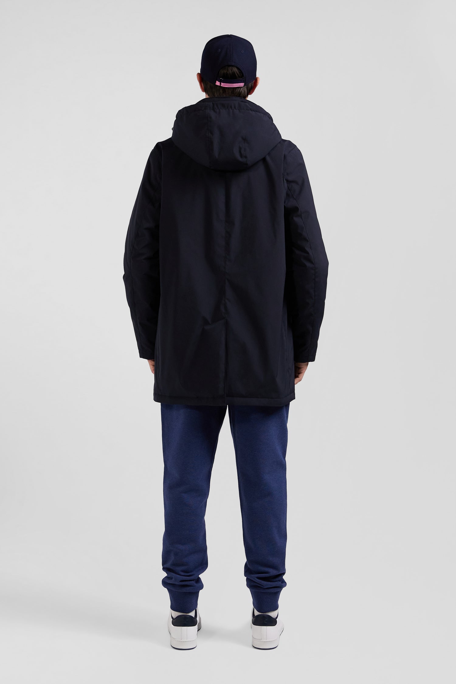 Navy blue hooded nylon raincoat