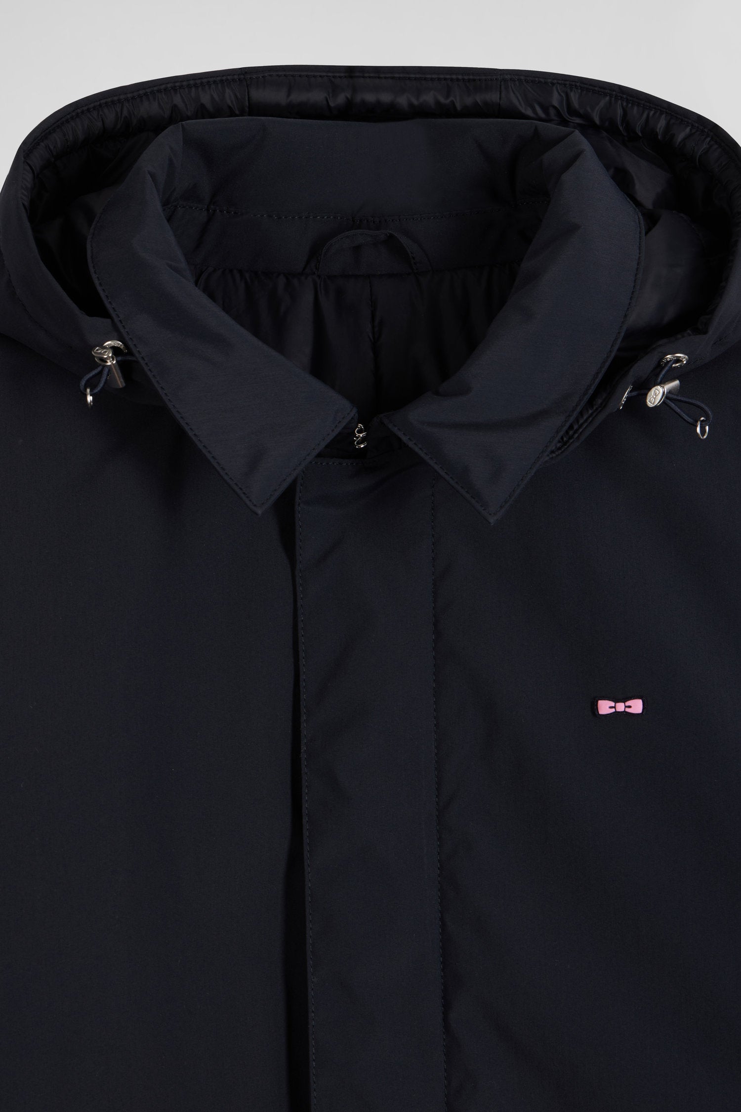 Navy blue hooded nylon raincoat