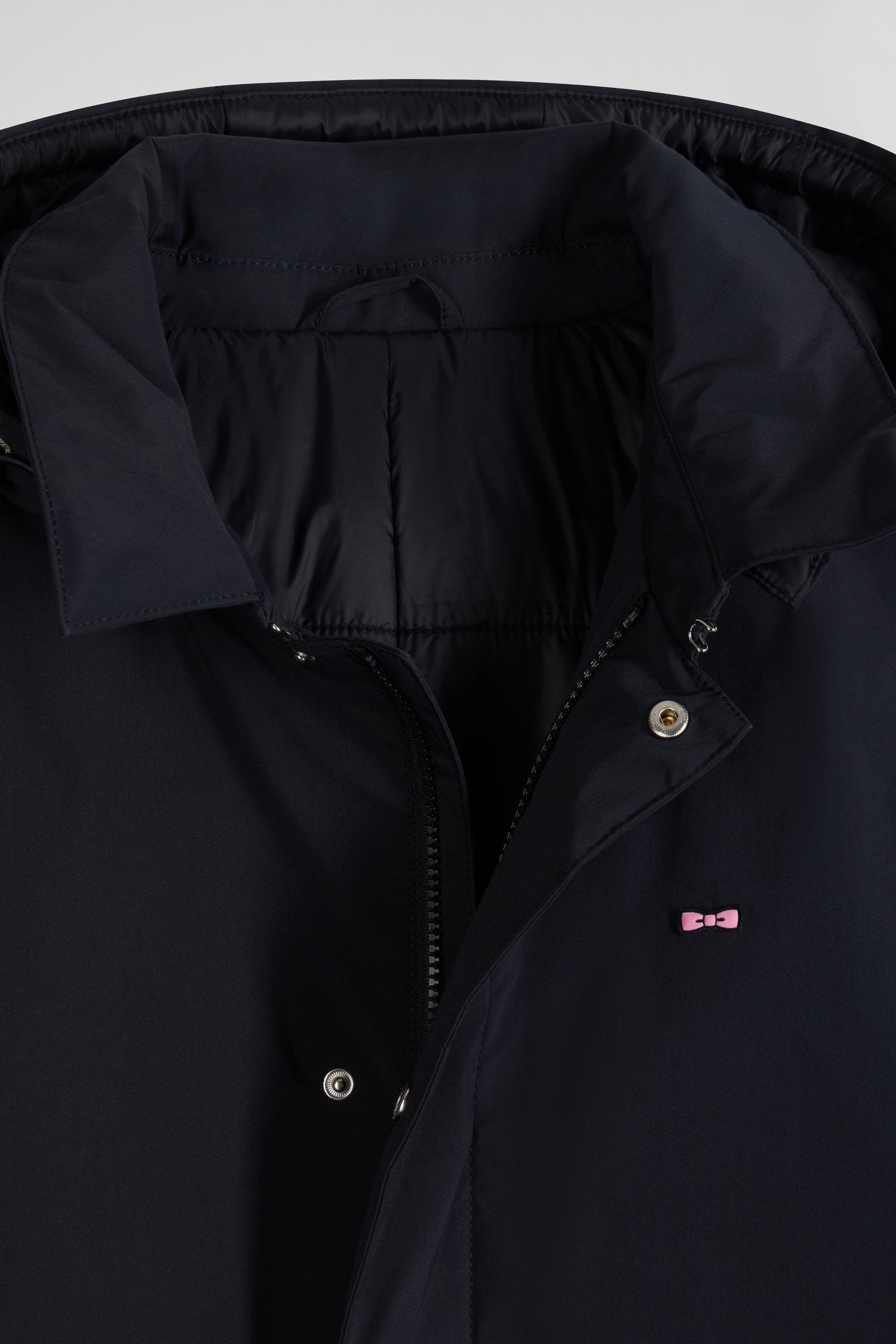 Navy blue hooded nylon raincoat