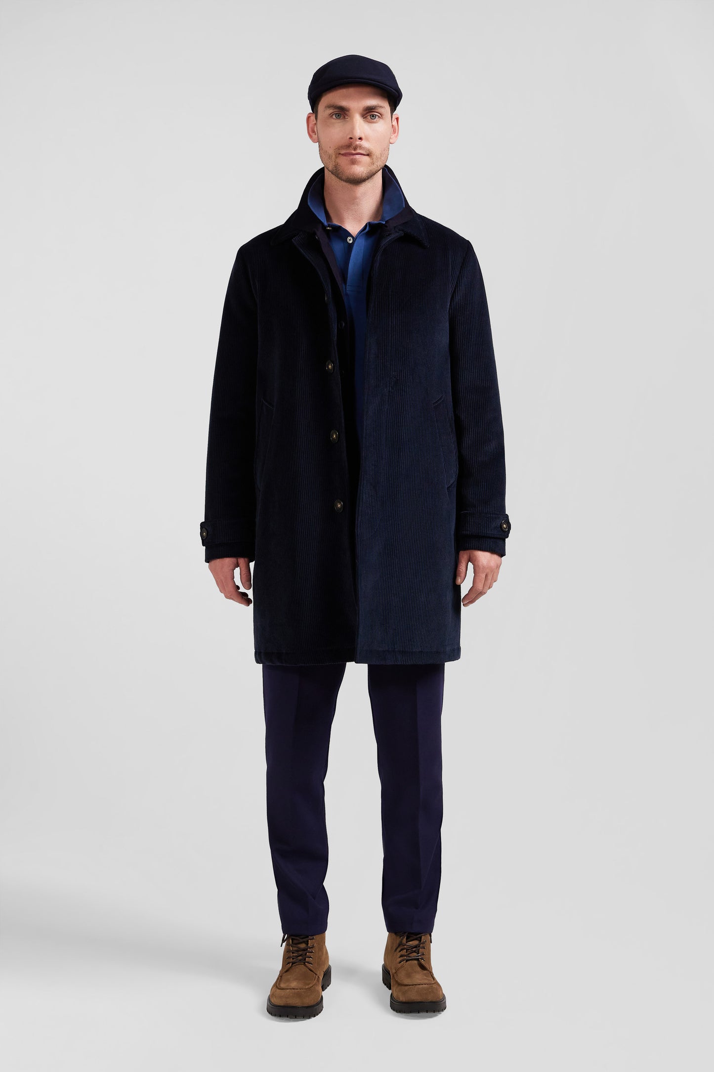 Navy blue checkered cotton blend coat