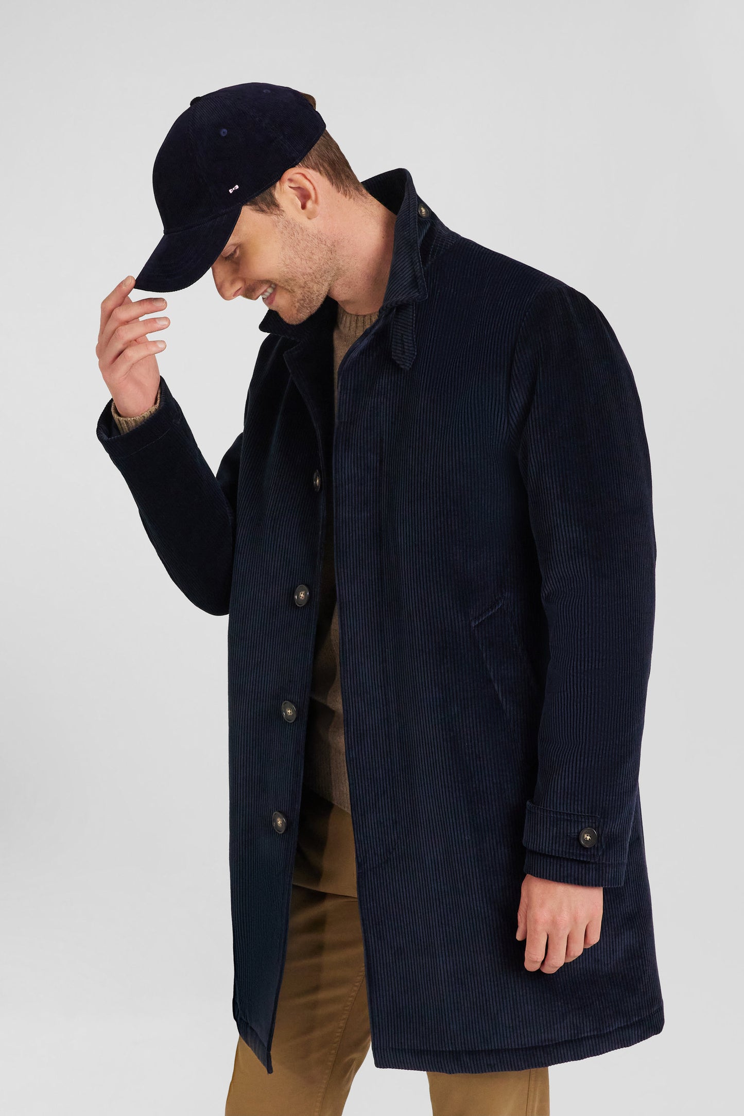 Navy blue checkered cotton blend coat