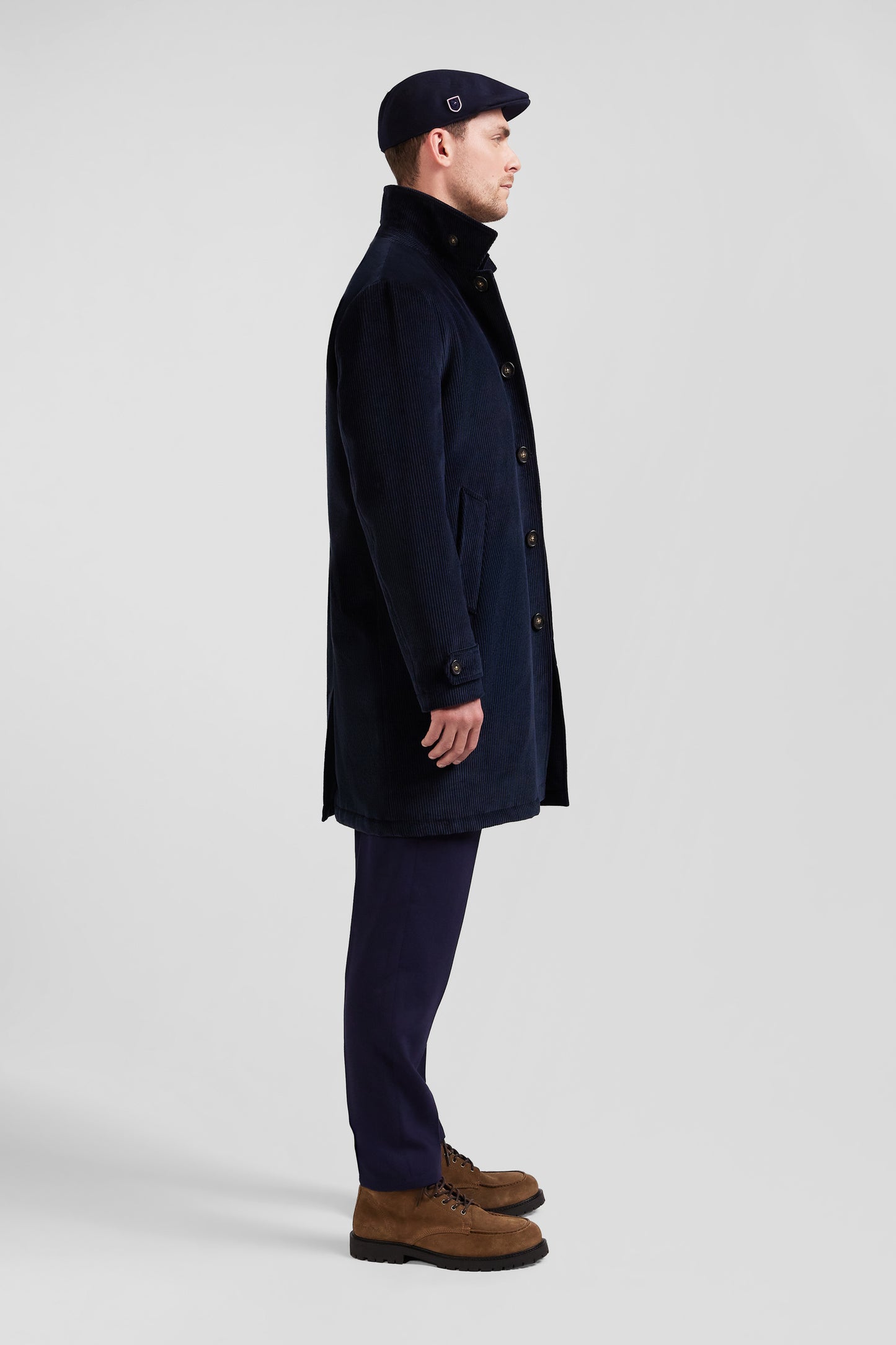 Navy blue checkered cotton blend coat