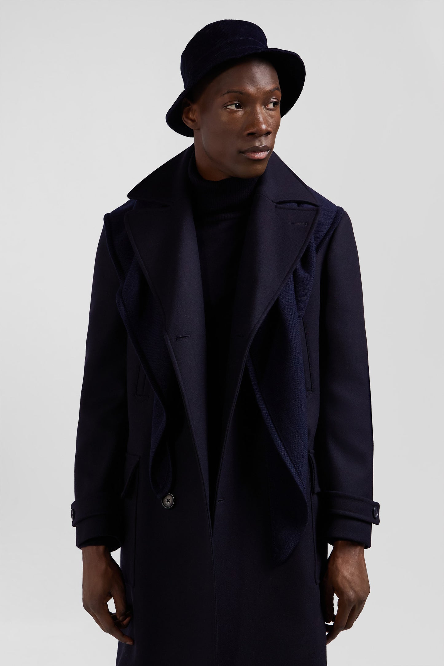 Navy blue double-breasted wool blend coat