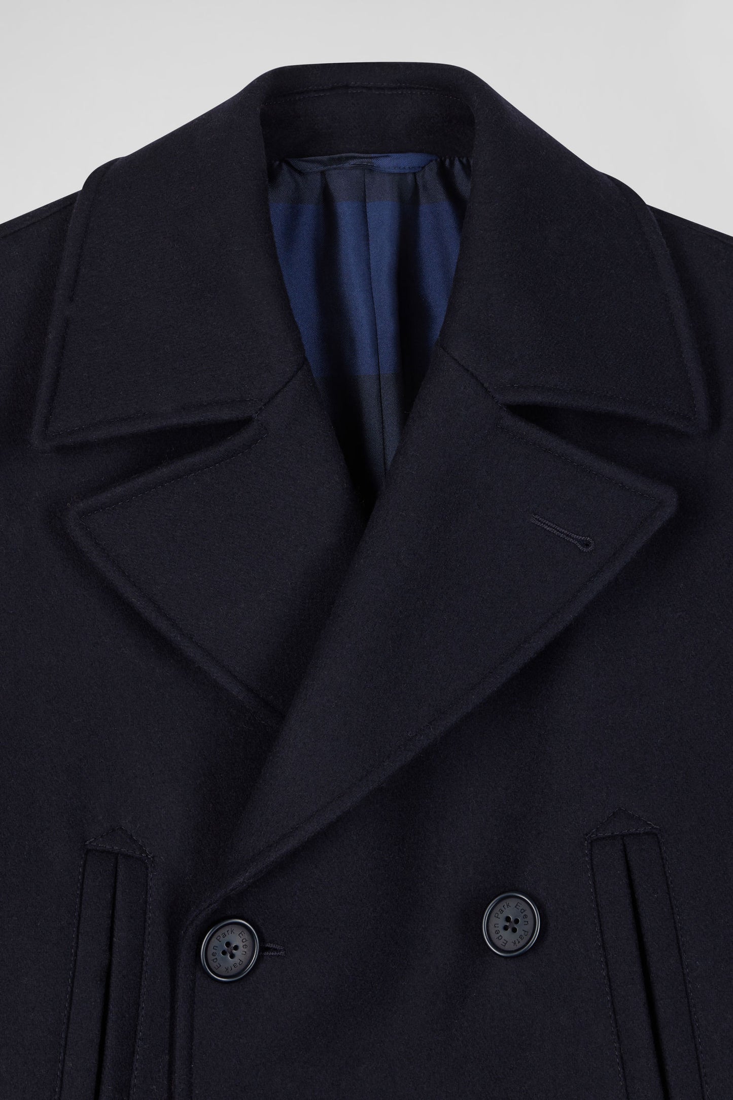 Navy blue double-breasted wool blend coat