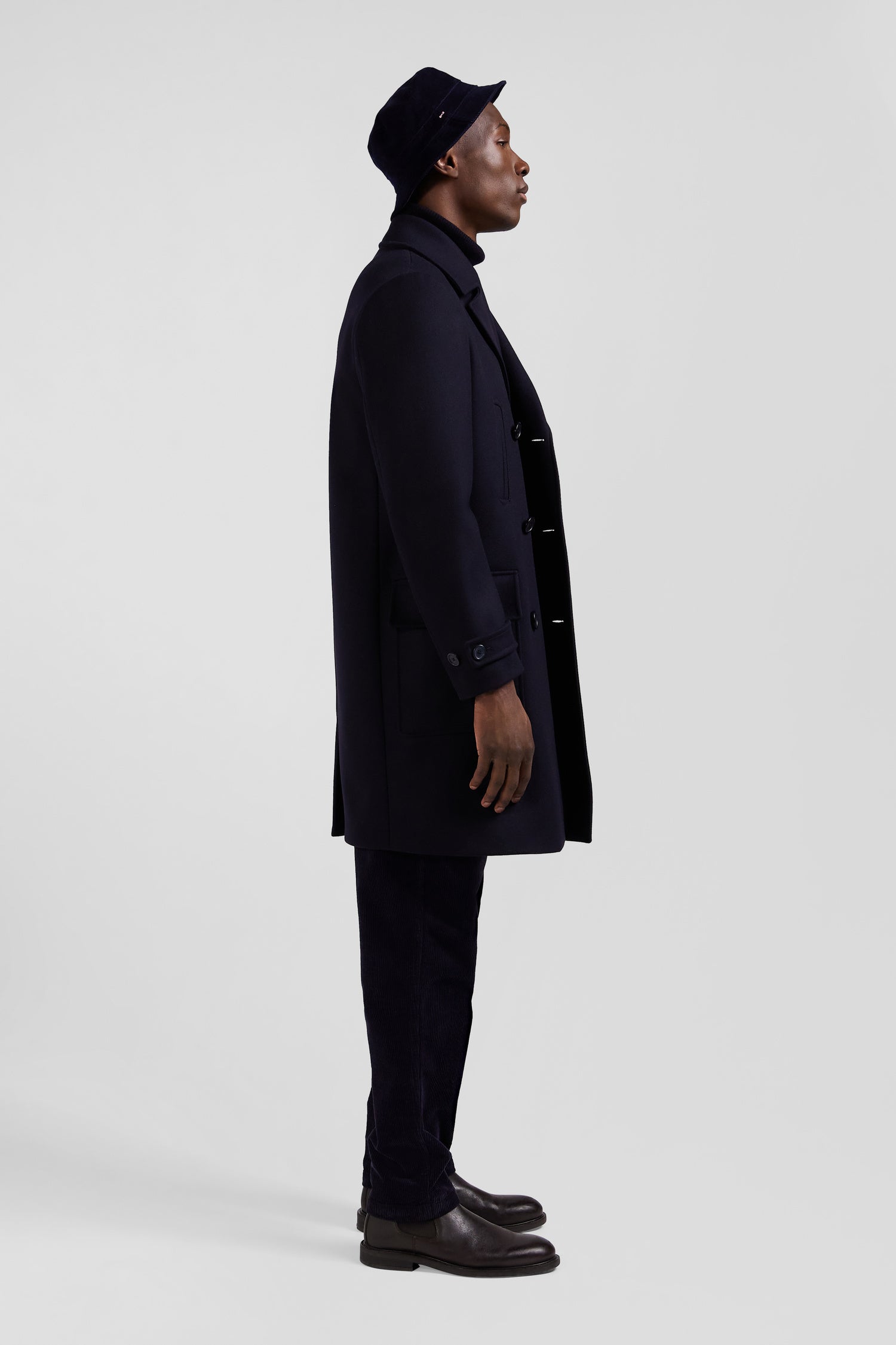 Navy blue double-breasted wool blend coat