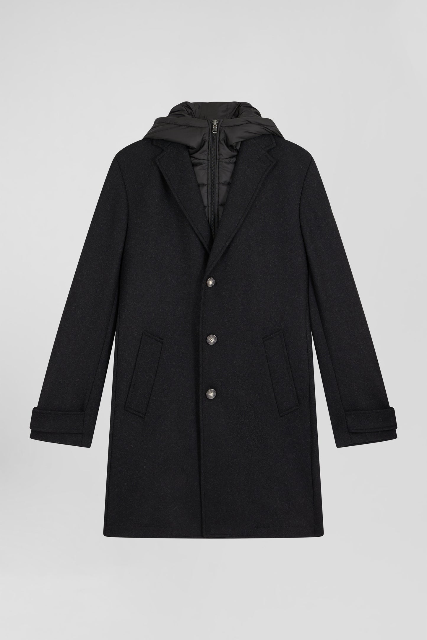 Black double-faced wool jersey coat with quilted front