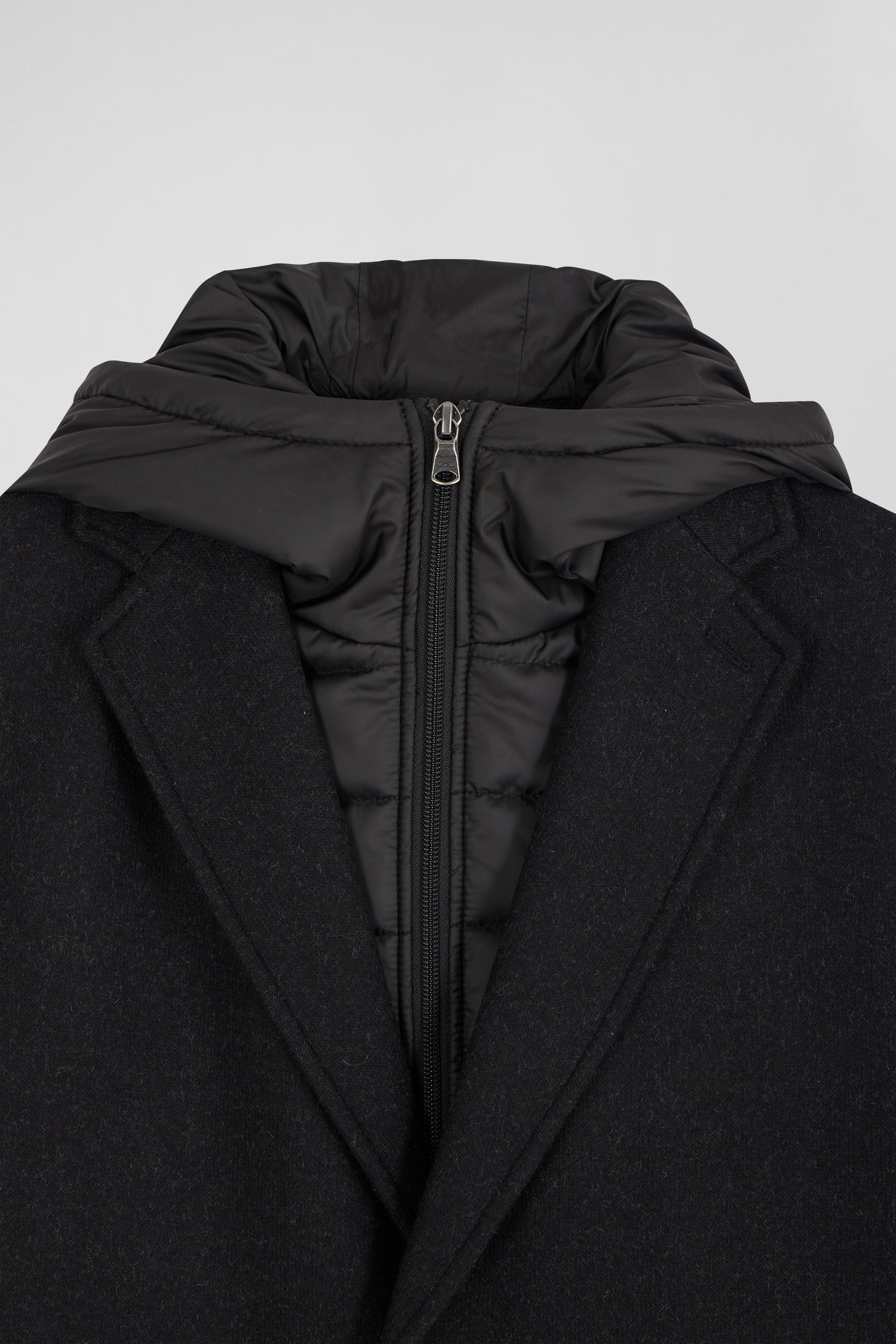 Black double-faced wool jersey coat with quilted front