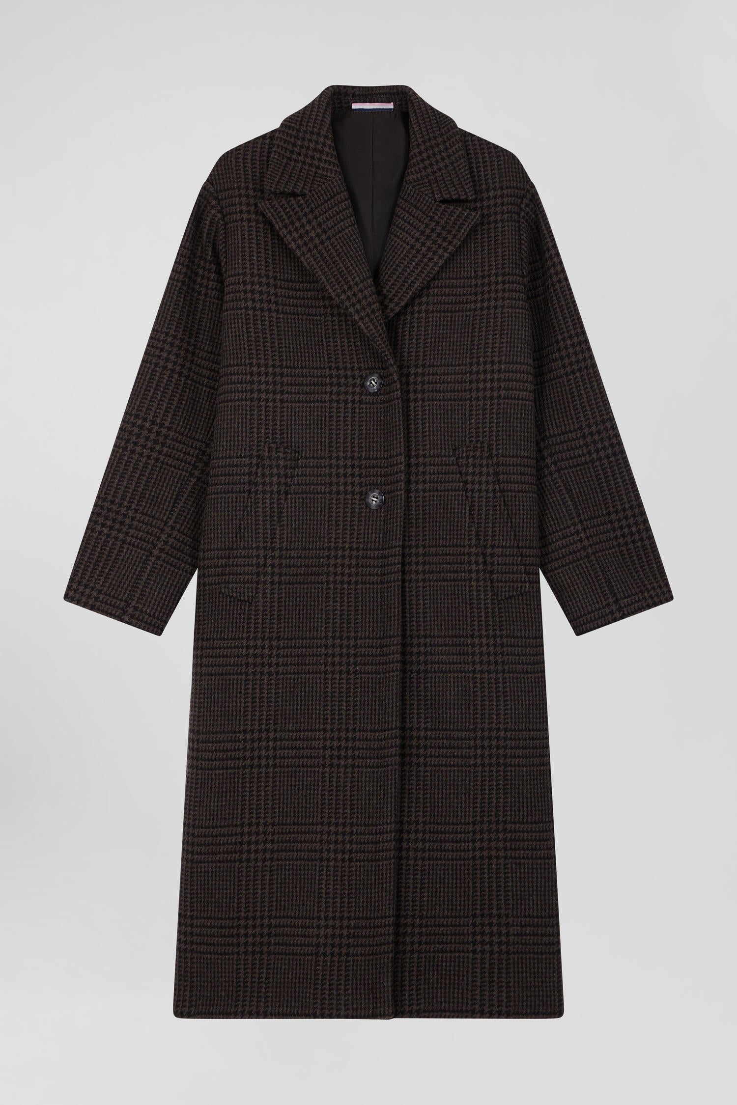 Regular brown checkered wool blend coat