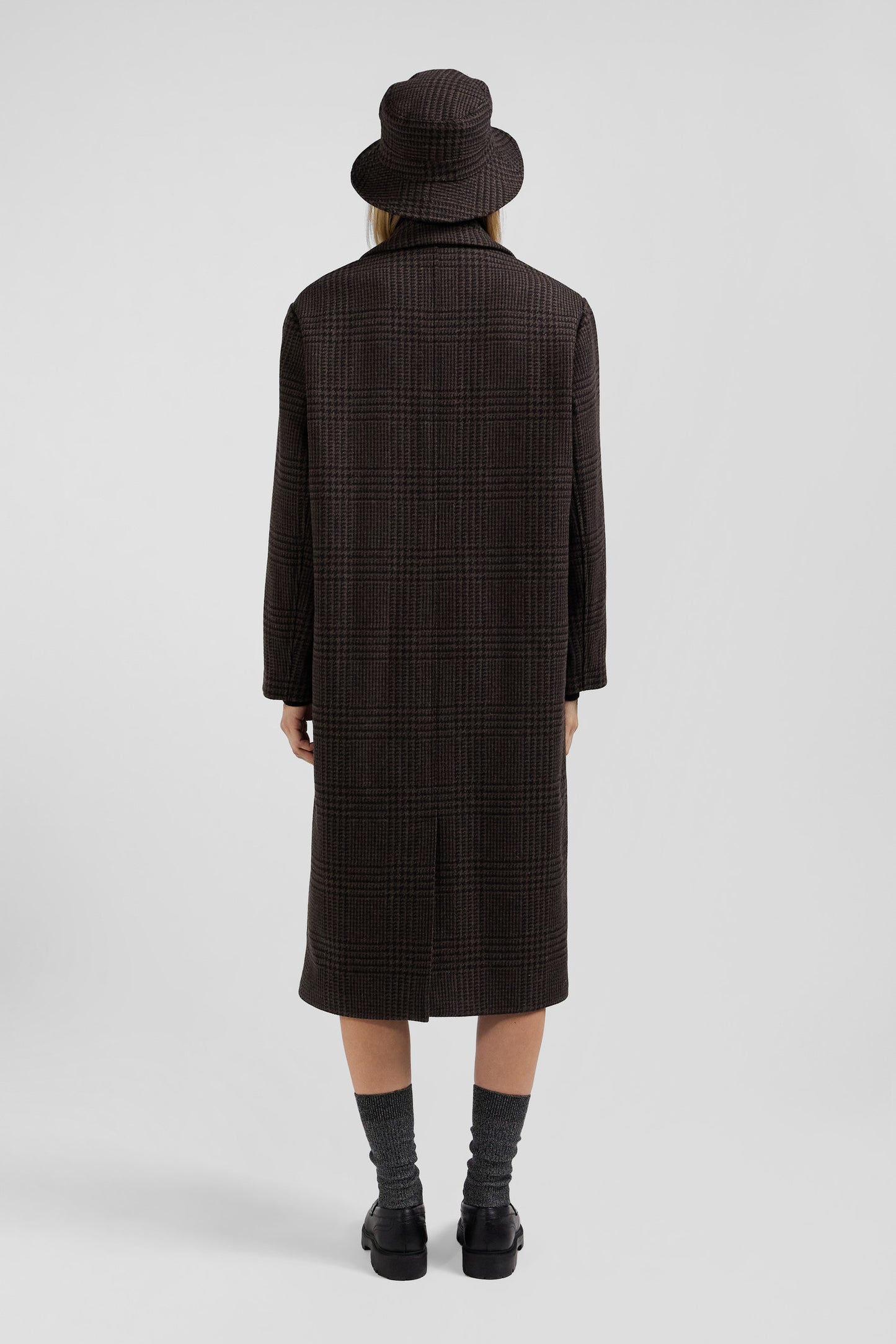 Regular brown checkered wool blend coat