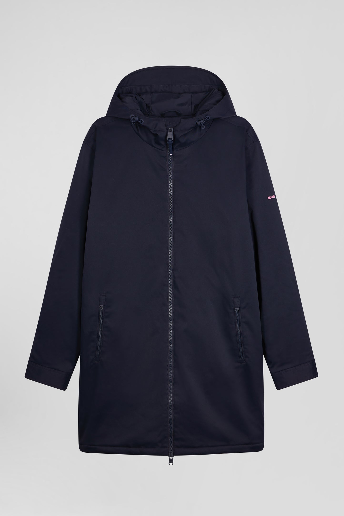 Navy blue long hooded nylon parka