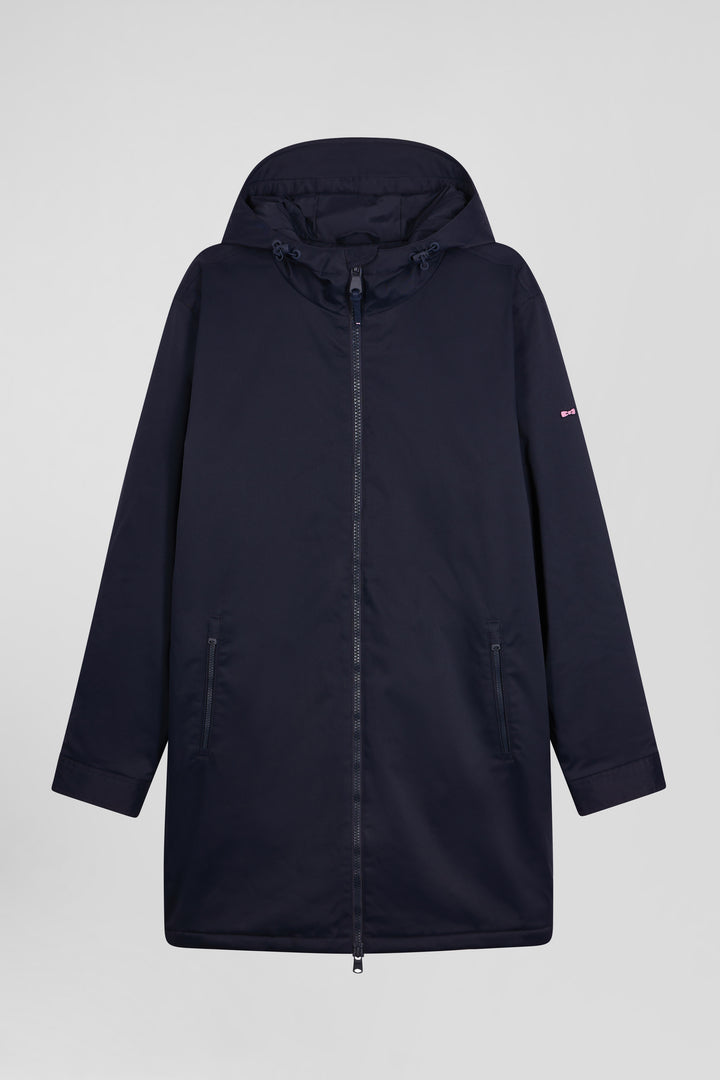 Parka longue à capuche en nylon bleu marine