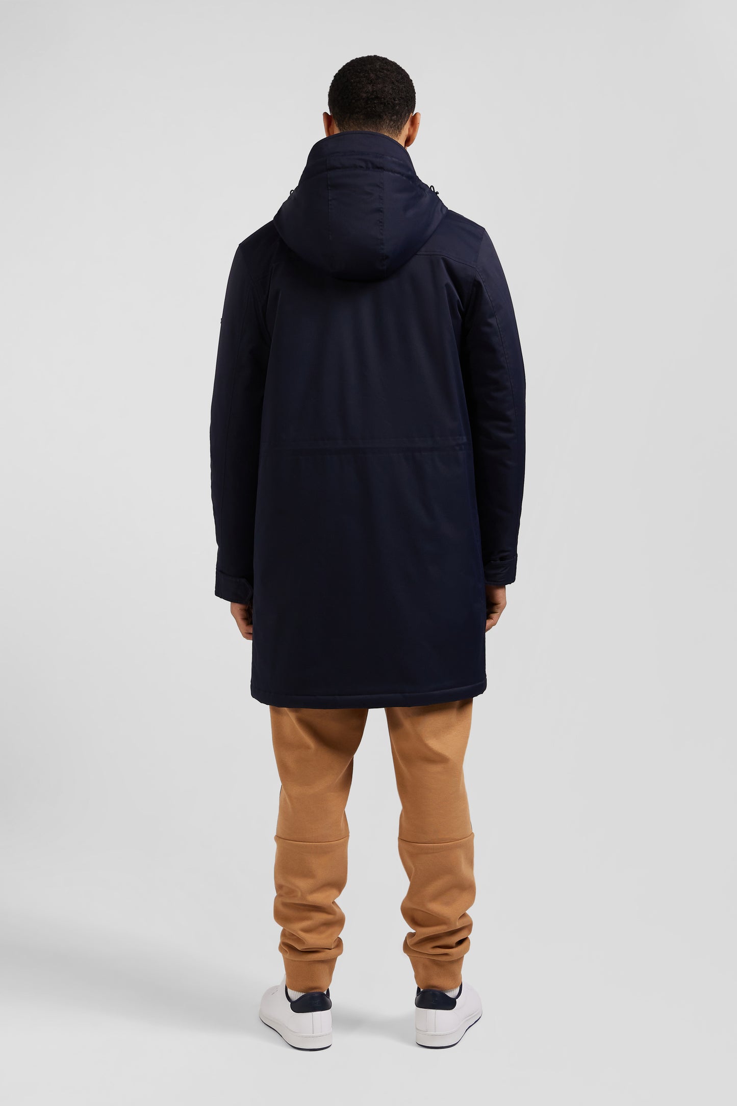 Navy blue long hooded nylon parka