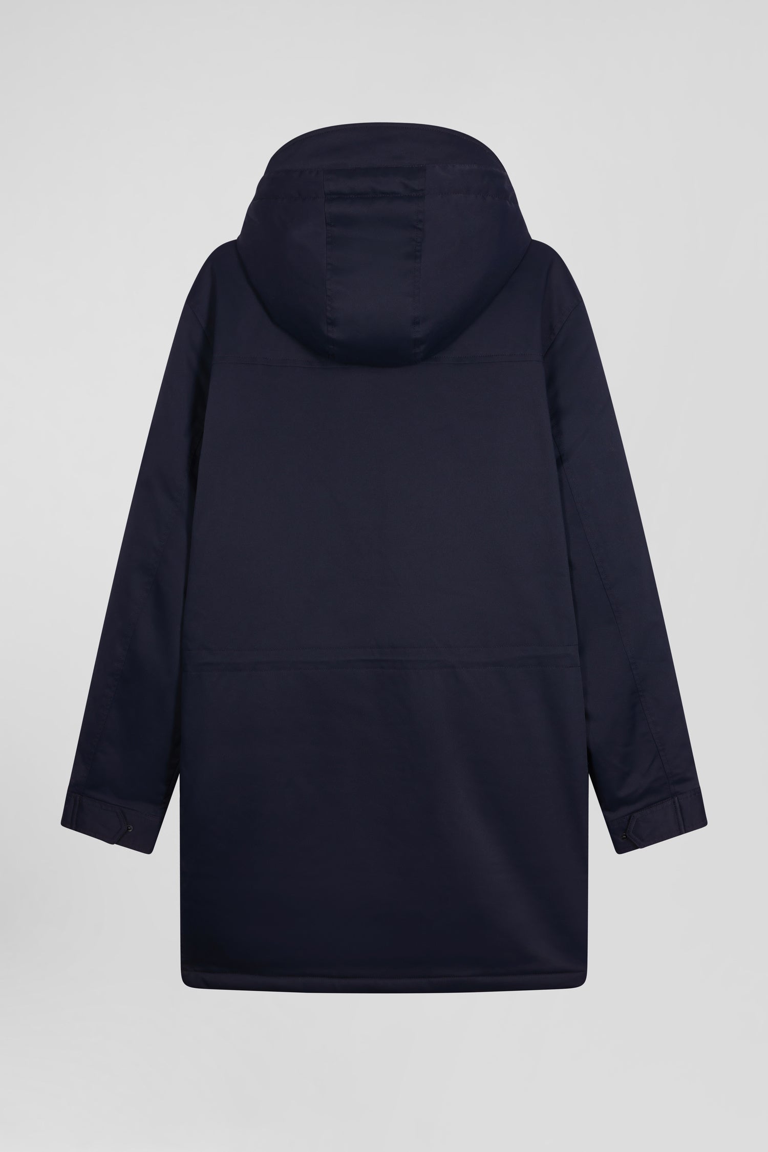 Navy blue long hooded nylon parka