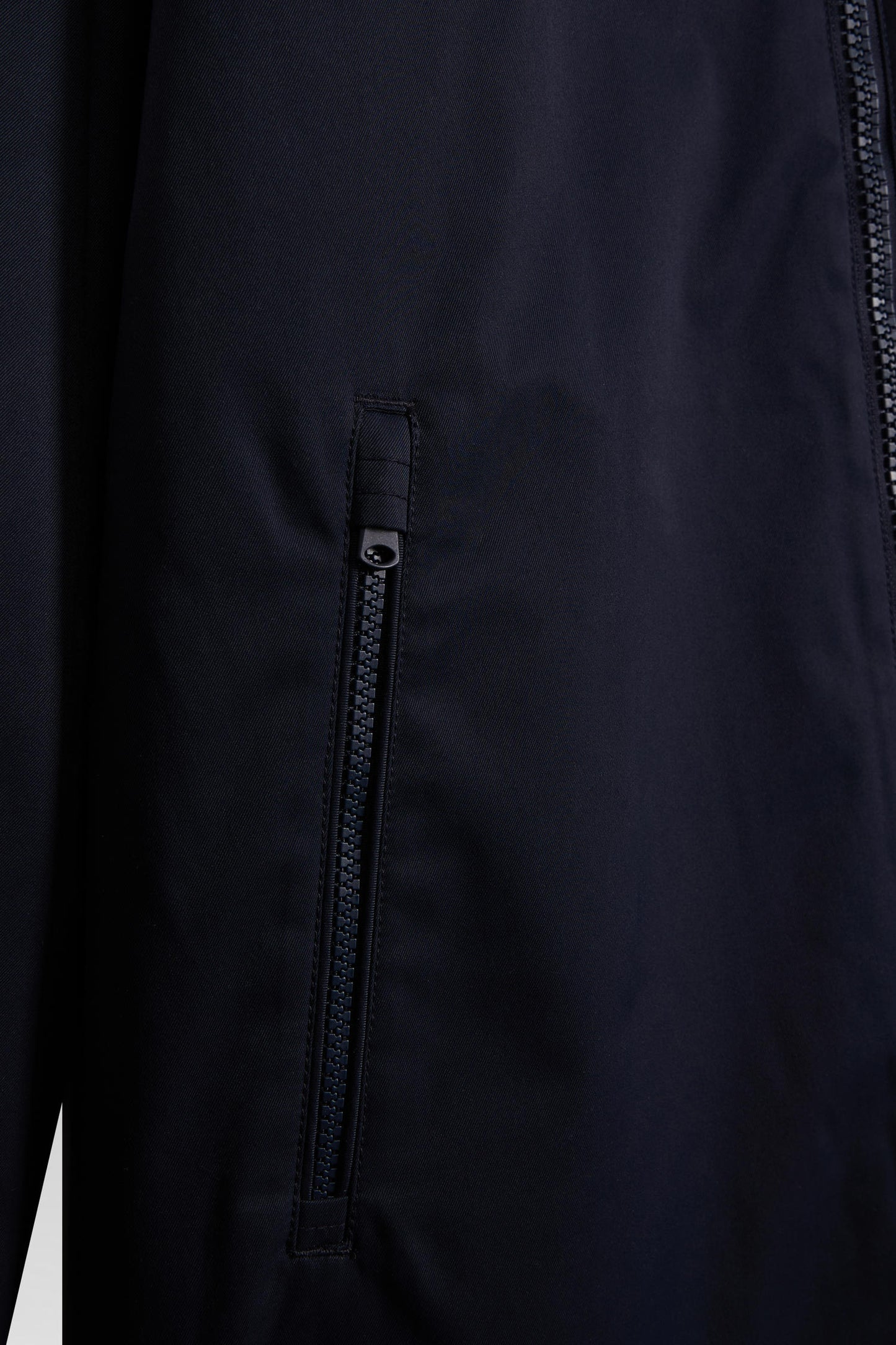 Navy blue long hooded nylon parka