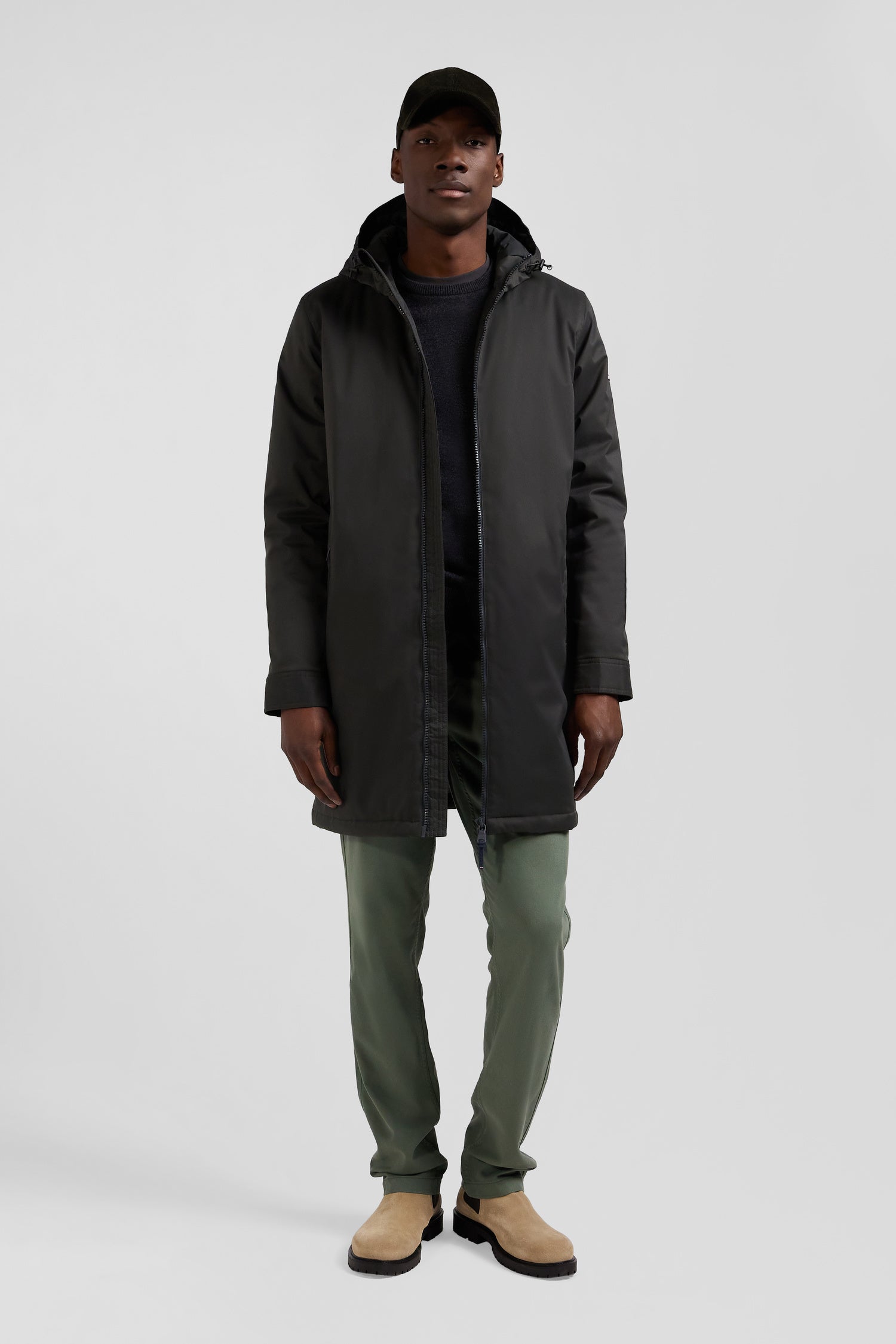 Khaki long hooded nylon parka