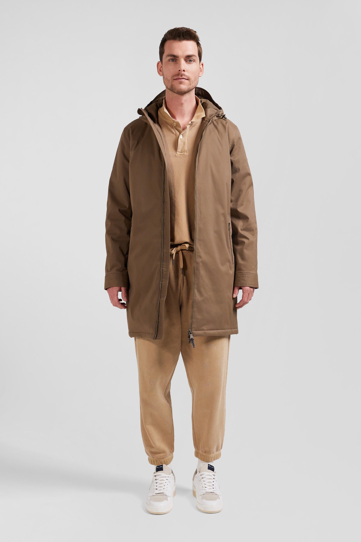 Brown long hooded nylon parka