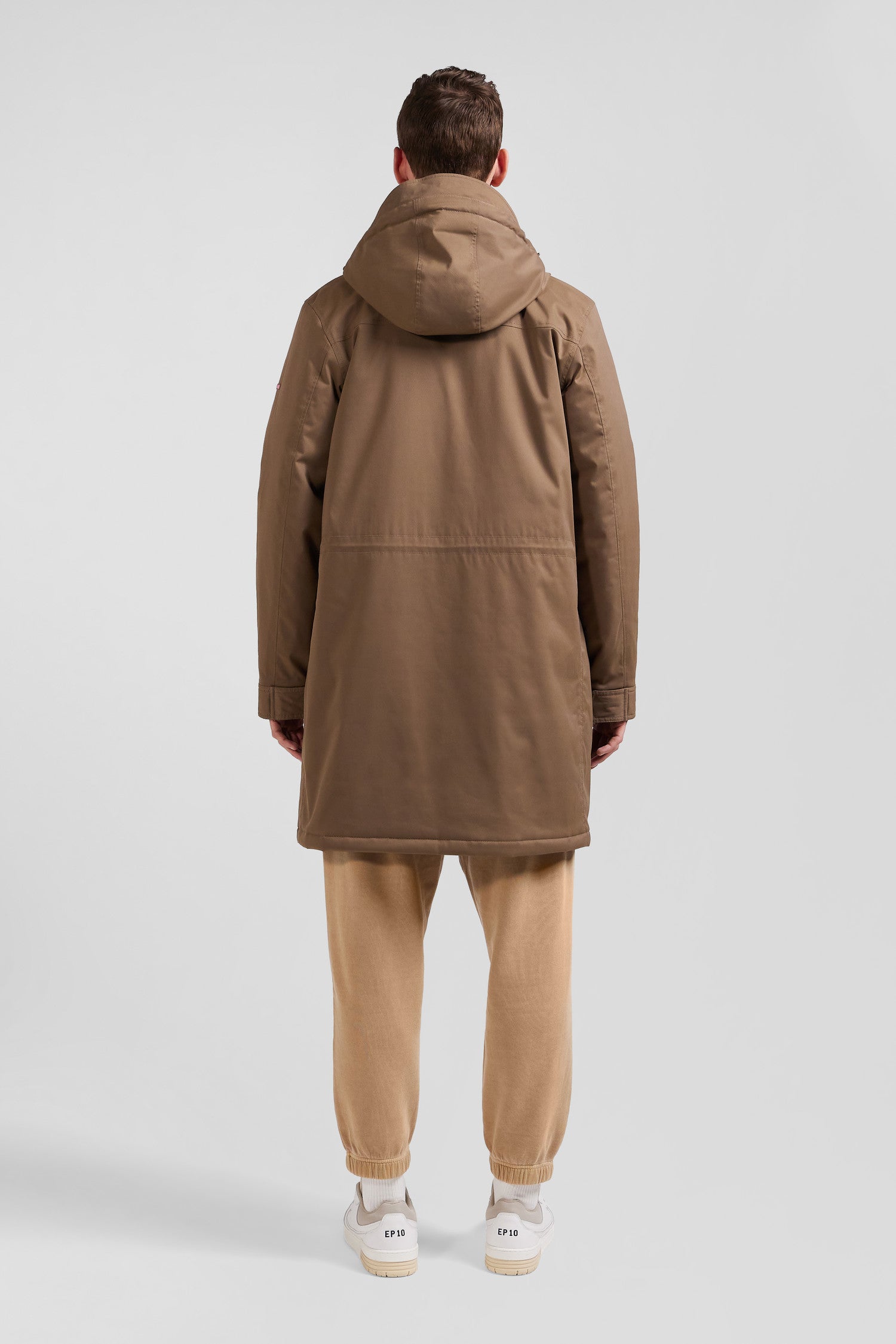 Brown long hooded nylon parka