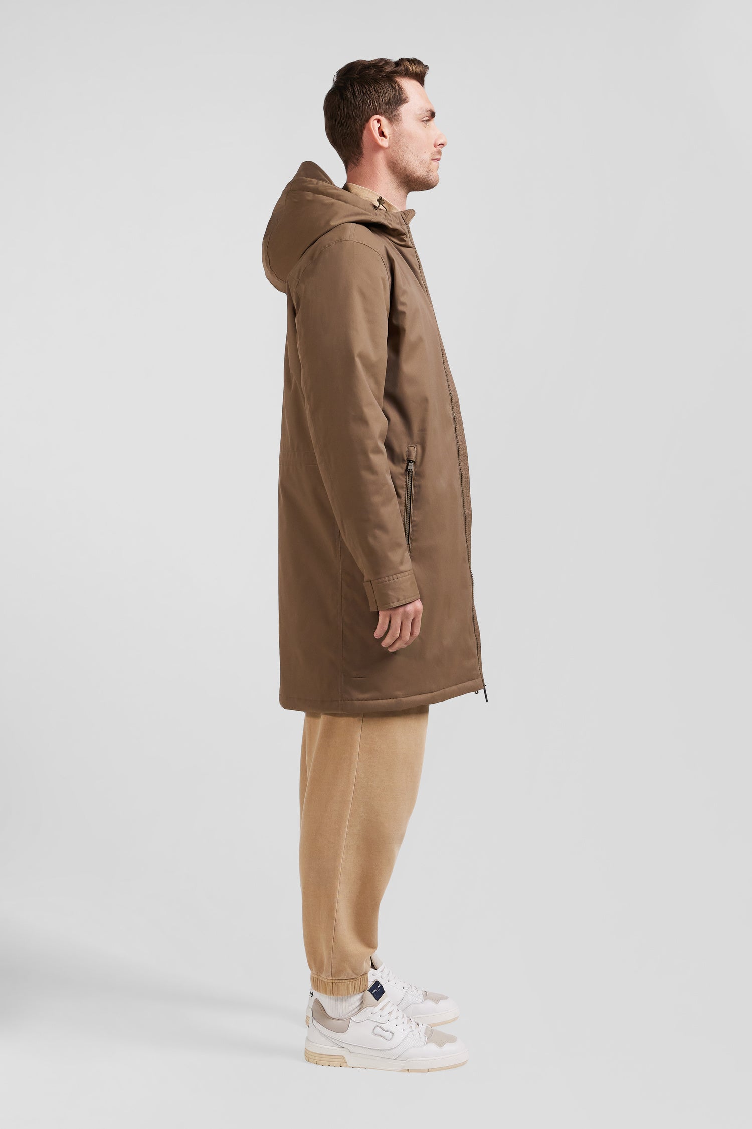 Brown long hooded nylon parka