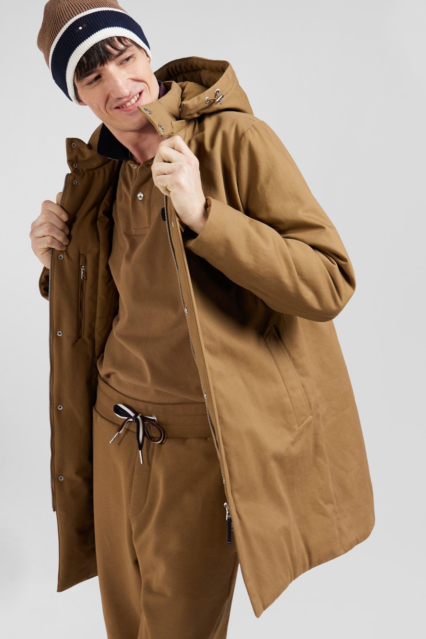Hooded parka in hazelnut cotton gabardine