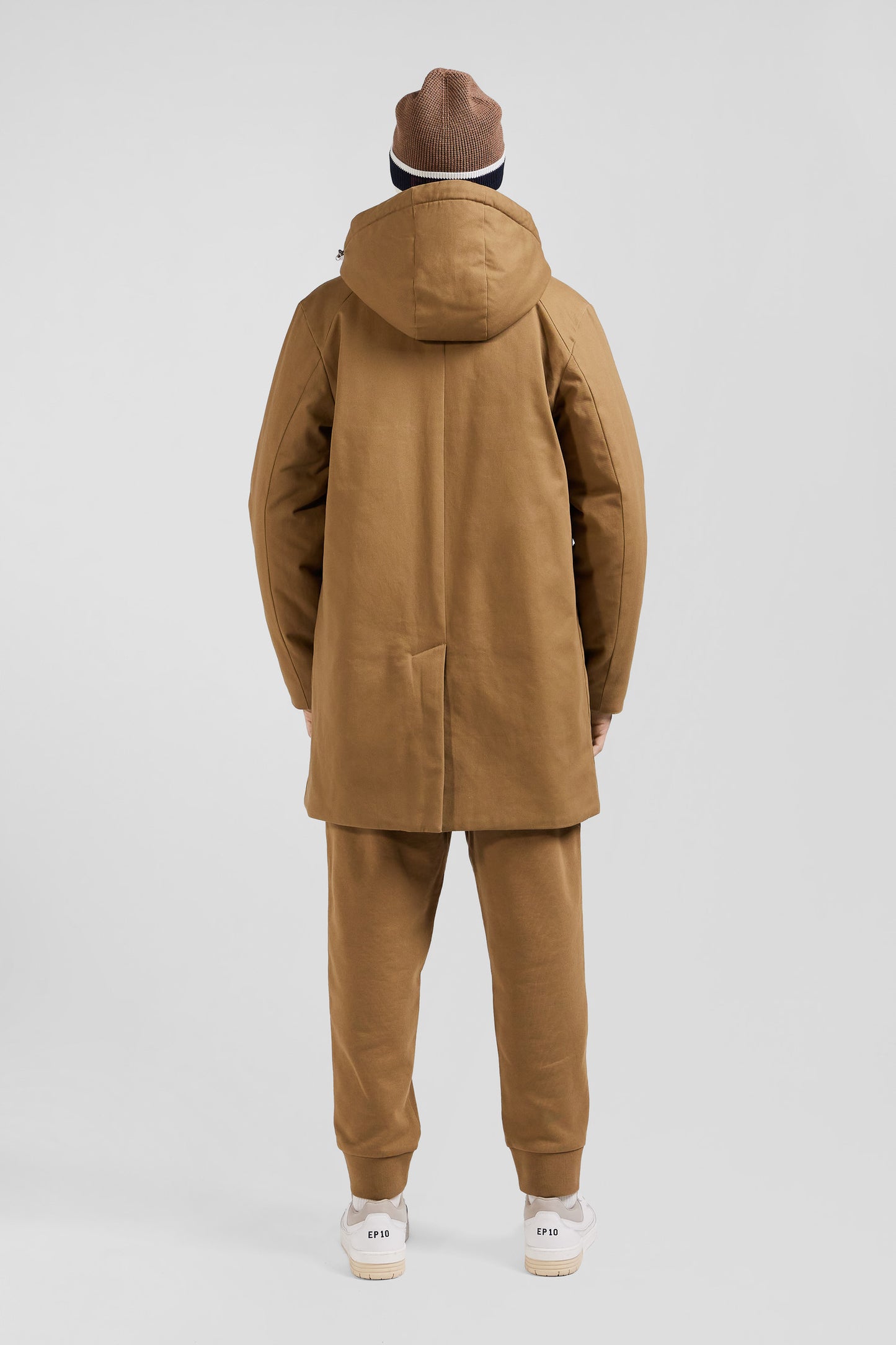 Hooded parka in hazelnut cotton gabardine