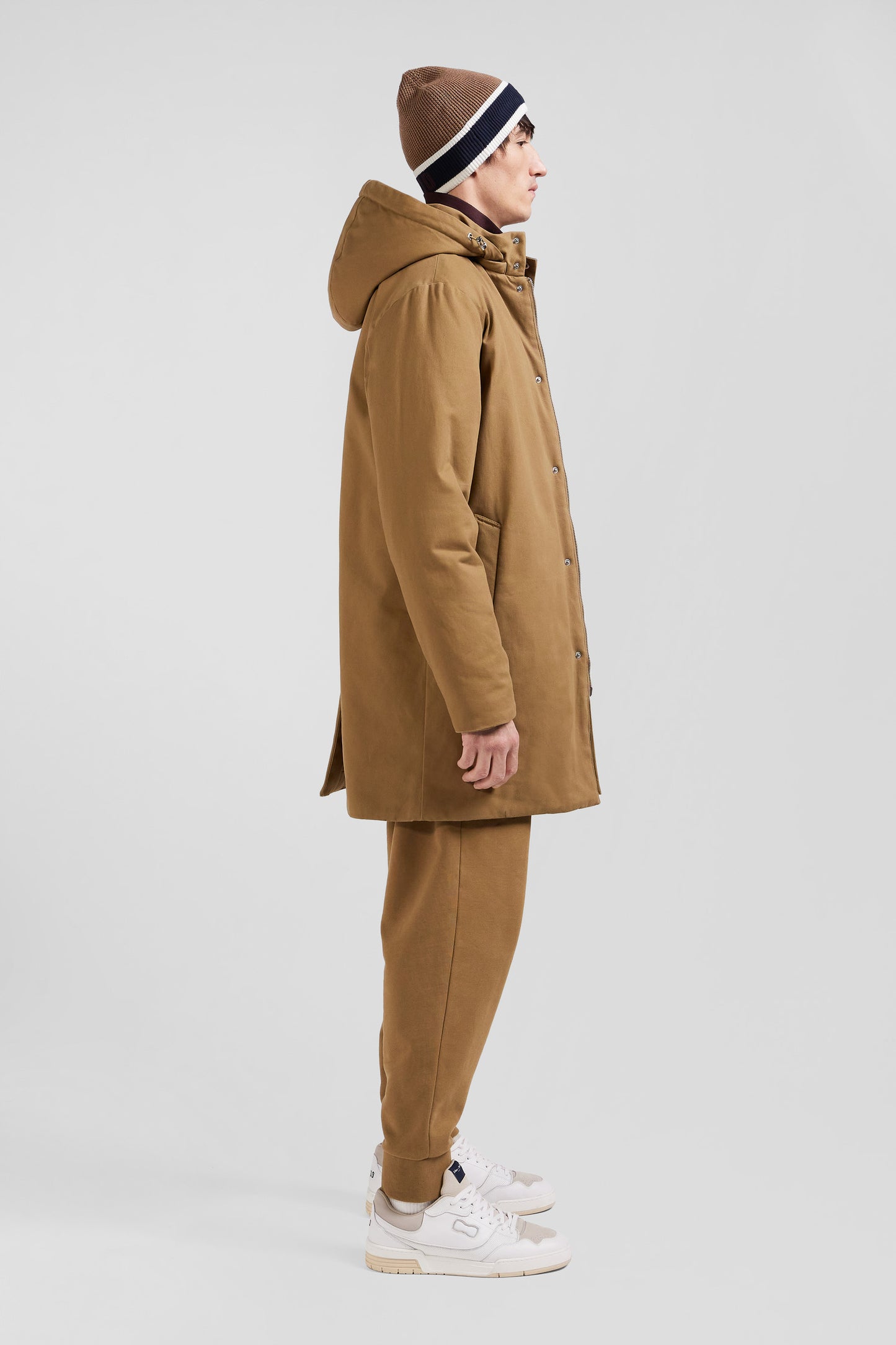 Hooded parka in hazelnut cotton gabardine