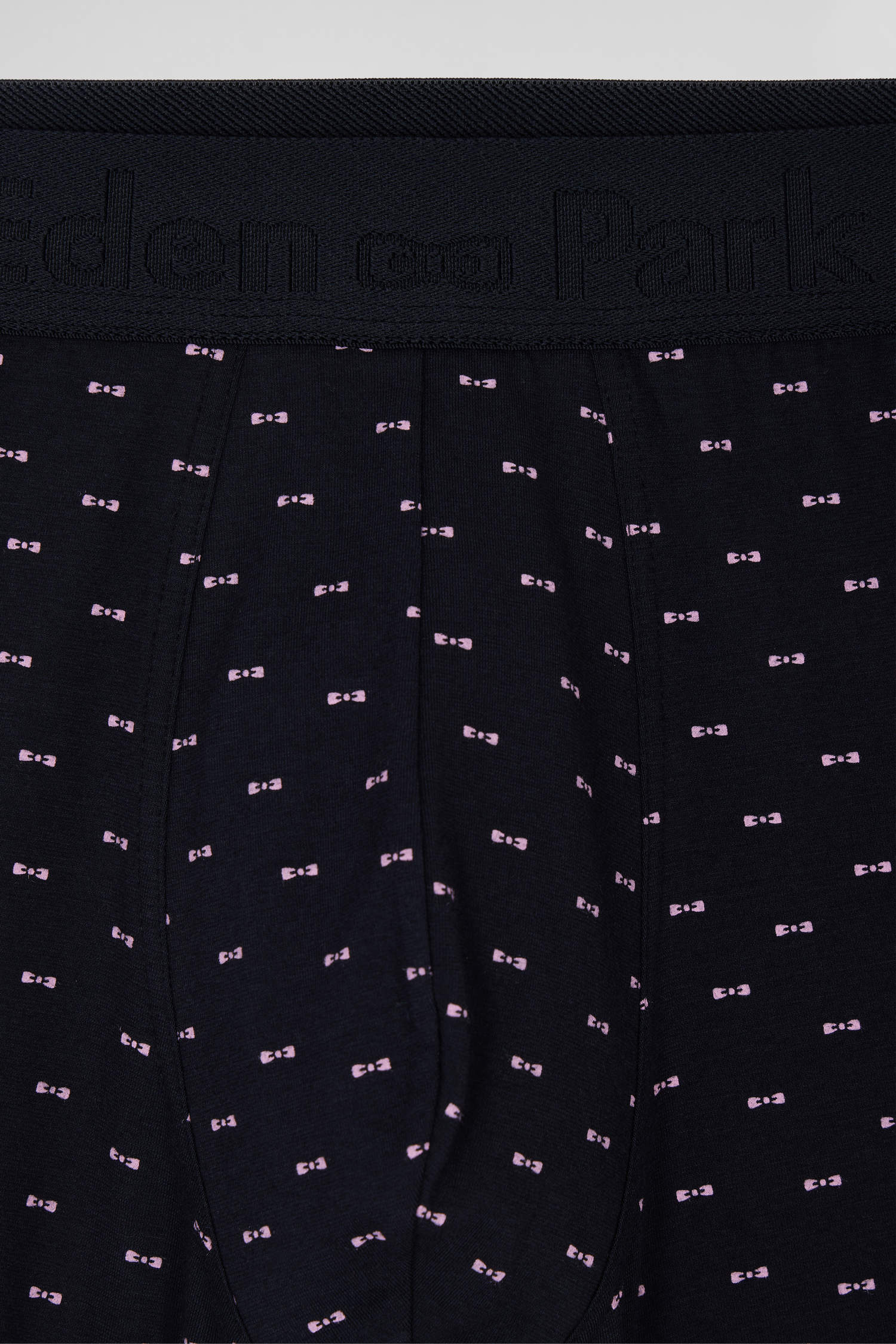 Navy blue and pink stretch cotton boxers with micro bow tie pattern