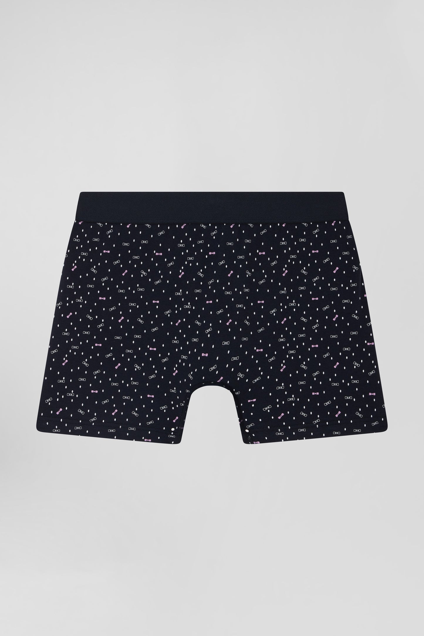 Navy blue stretch cotton boxers with micro bow tie patterns