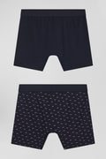 Lot de 2 boxers en coton stretch uni et micro-motifs bleu marine