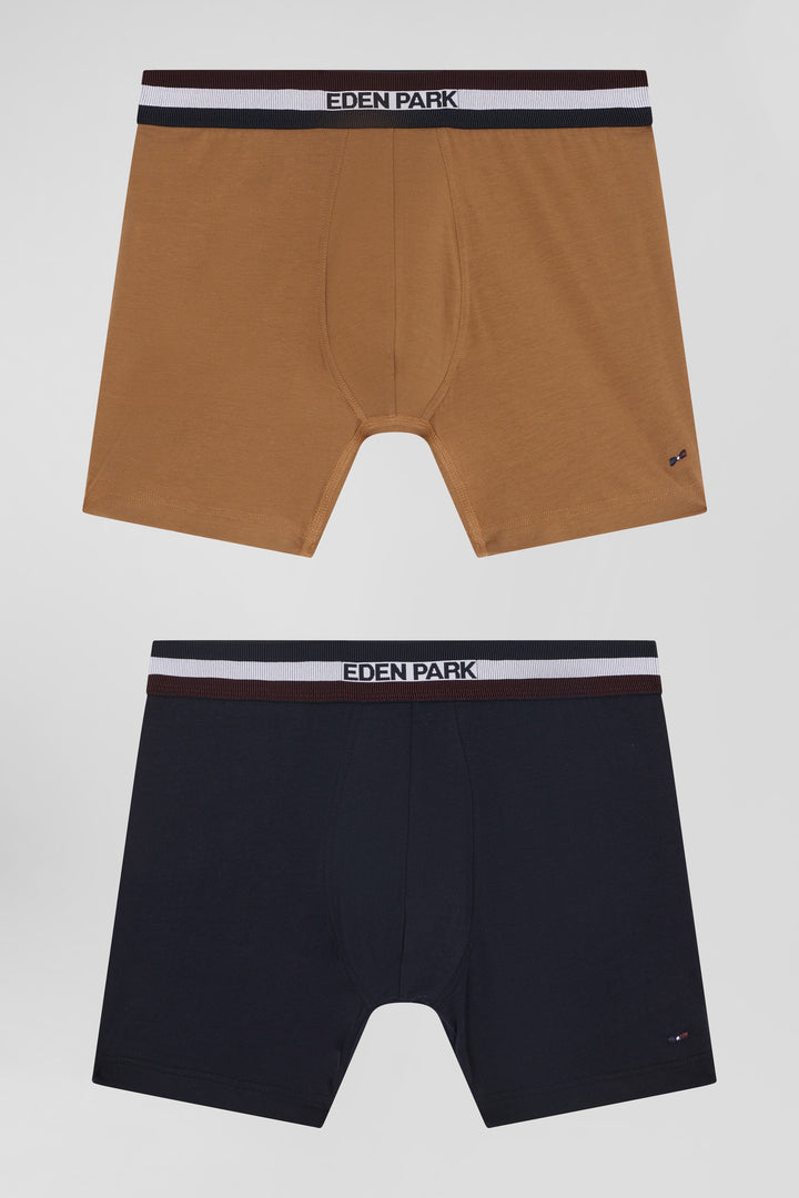 Set of 2 camel stretch cotton boxers with tricolor waistband