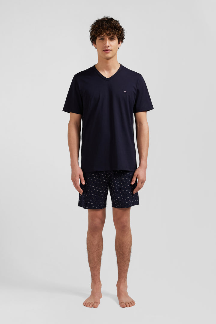 Navy blue short cotton pajamas with micro pattern shorts