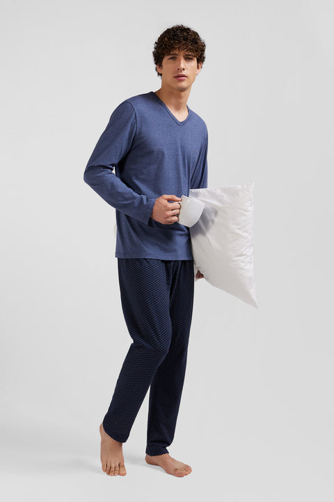 Dark blue long cotton pajamas with bow tie micro pattern trousers - Image 3
