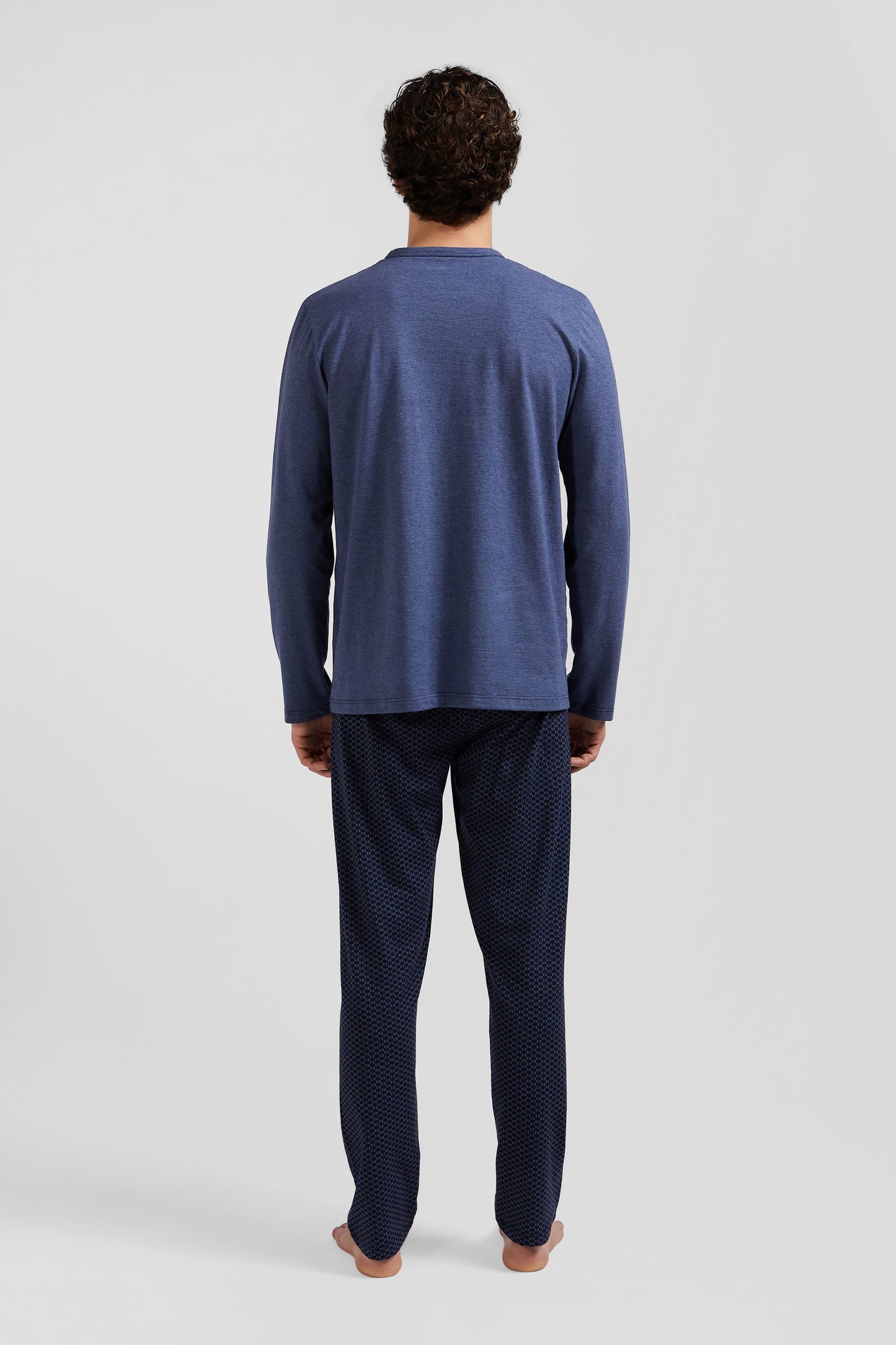 Dark blue long cotton pajamas with bow tie micro pattern trousers