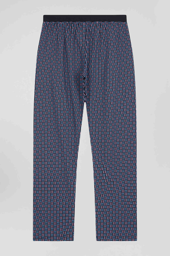 Navy blue long cotton pajamas with check trousers