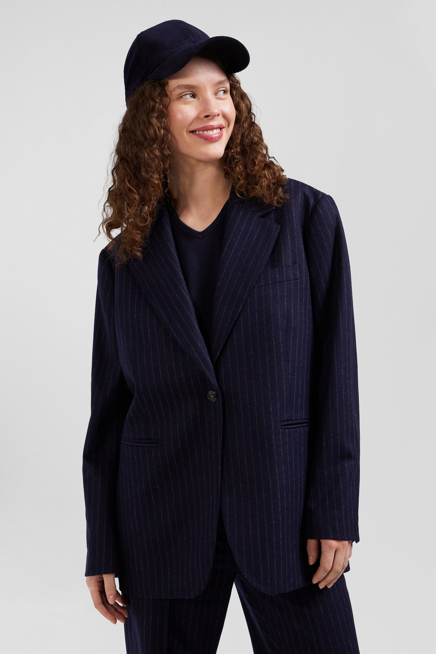 Navy blue striped wool blazer Oversized fit