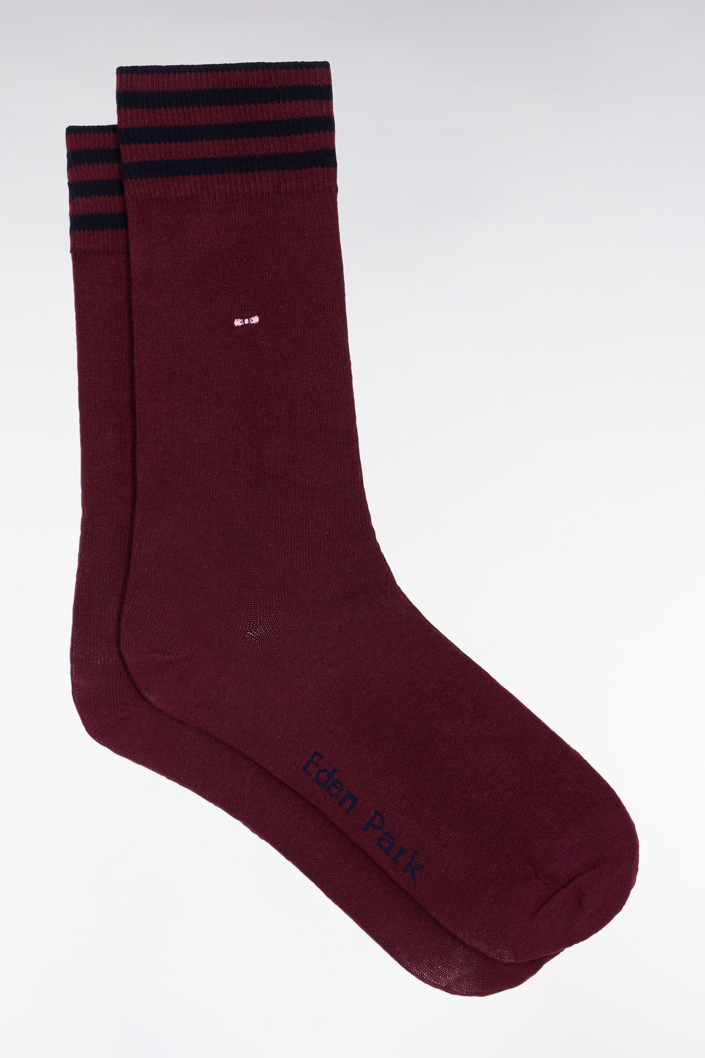 Burgundy stretch cotton blend socks with striped trim